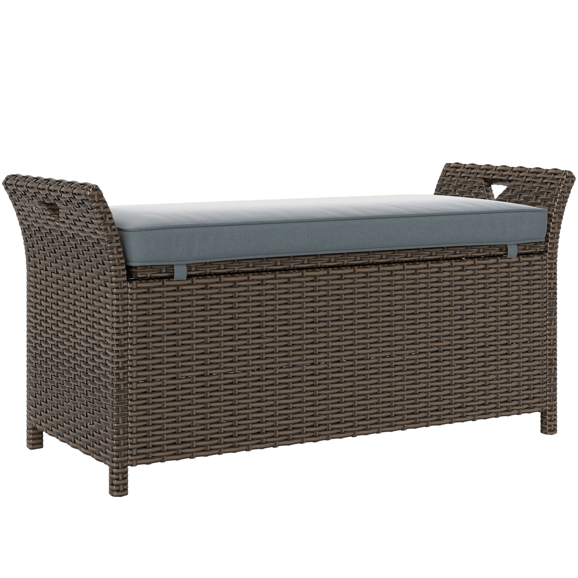 Outsunny 2-In-1 Patio Wicker Storage Bench, 27 Gallon Outdoor PE Rattan Patio Furniture, Large Capacity Rectangle Basket Box with Handles and Cushion, Dark Grey