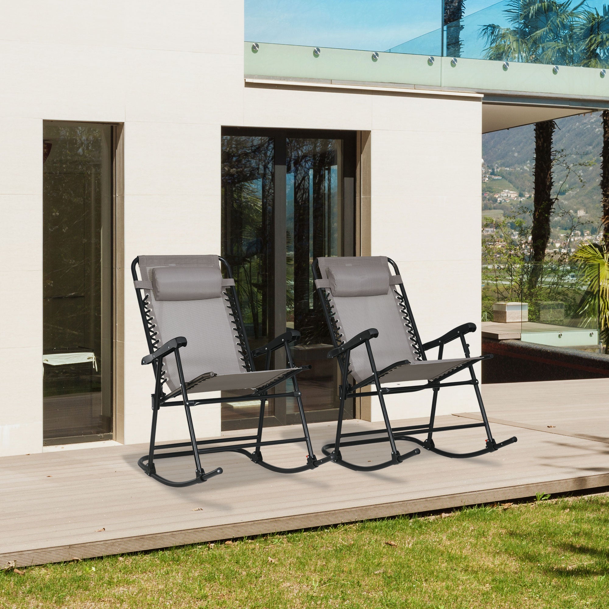 Outsunny 2pc Patio Foldable Rocking Chair Set w/ Breathable Mesh Seat & Backrest, Padded Headrest for Park, Backyard, Garden, Grey