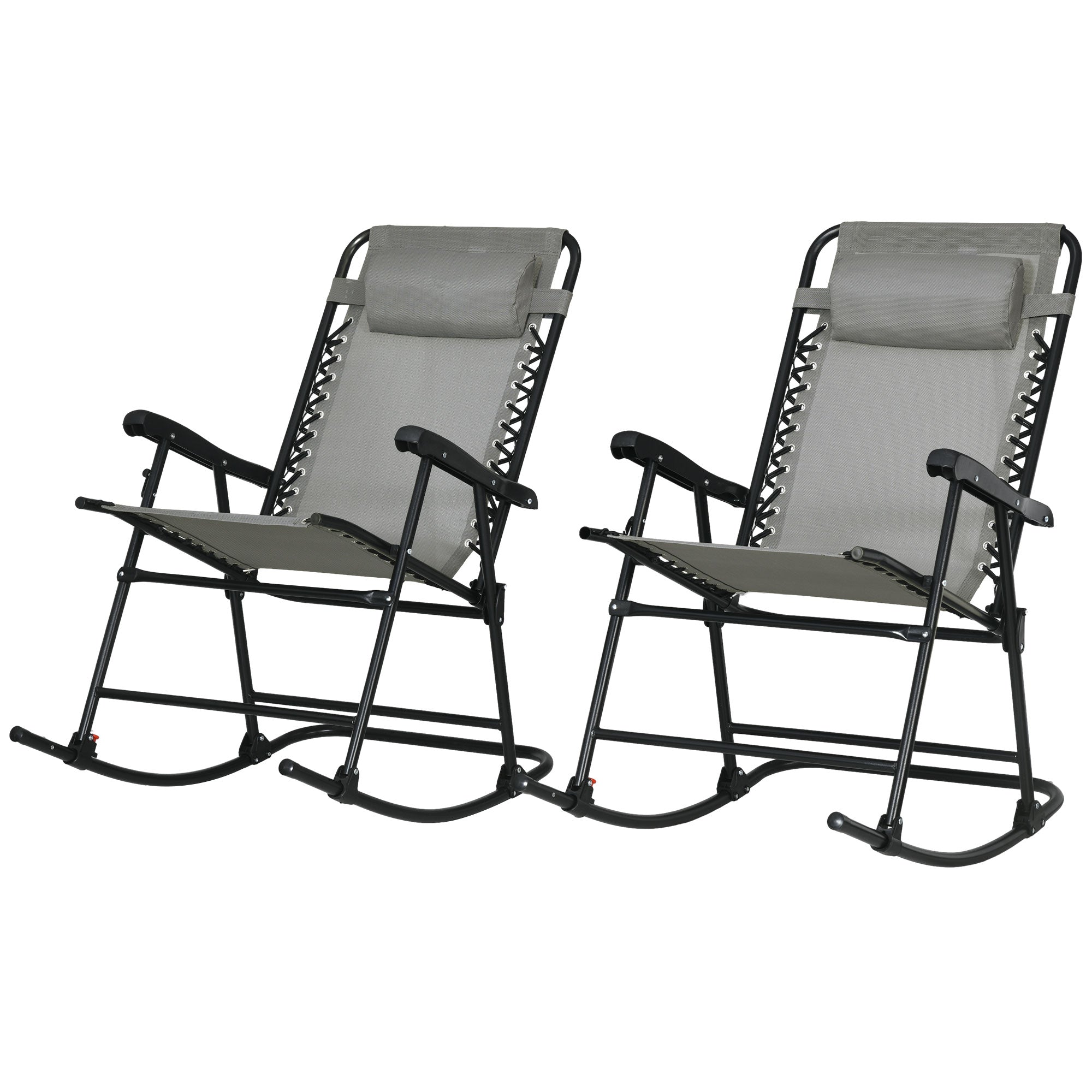 Outsunny 2pc Patio Foldable Rocking Chair Set w/ Breathable Mesh Seat & Backrest, Padded Headrest for Park, Backyard, Garden, Grey