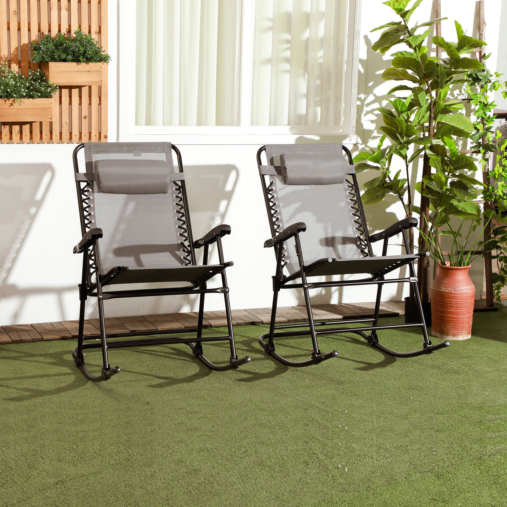Outsunny 2pc Patio Foldable Rocking Chair Set w/ Breathable Mesh Seat & Backrest, Padded Headrest for Park, Backyard, Garden, Grey