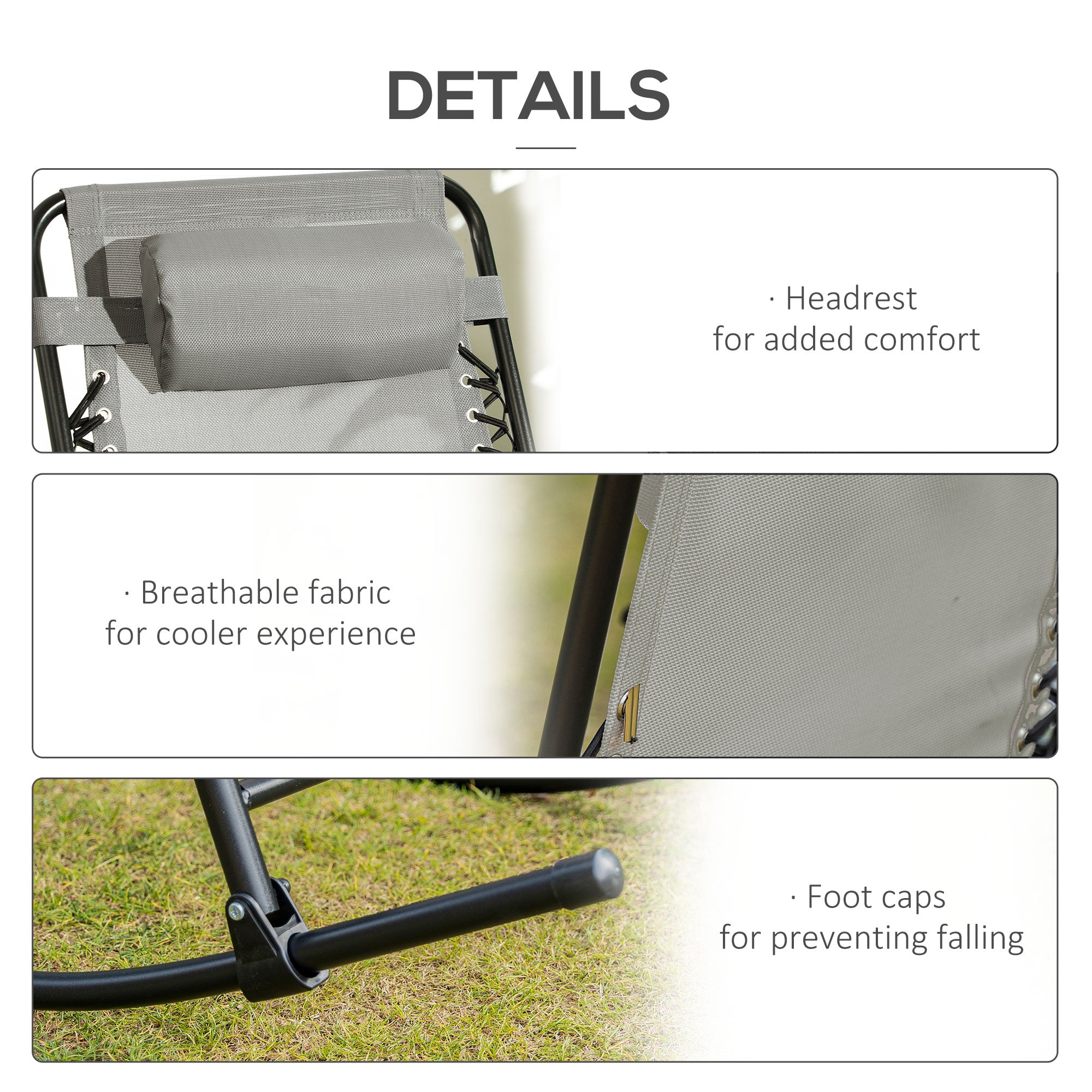 Outsunny 2pc Patio Foldable Rocking Chair Set w/ Breathable Mesh Seat & Backrest, Padded Headrest for Park, Backyard, Garden, Grey