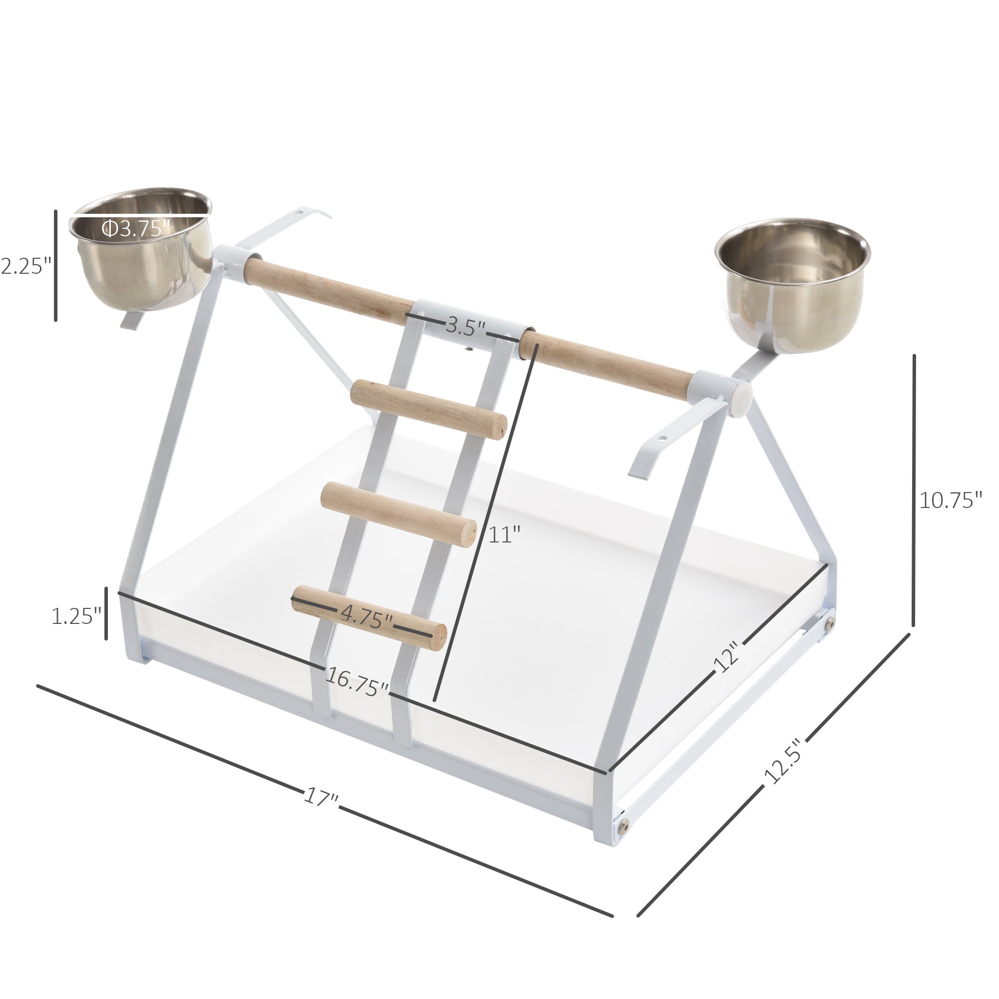 PawHut Portable Bird Play Perch Stand with Wooden Perch, Stainless Steel Feeding Bowls, & an Easy-Clean Tray, White
