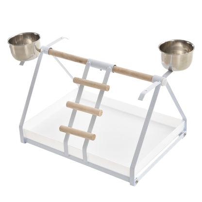 PawHut Portable Bird Play Perch Stand with Wooden Perch, Stainless Steel Feeding Bowls, & an Easy-Clean Tray, White