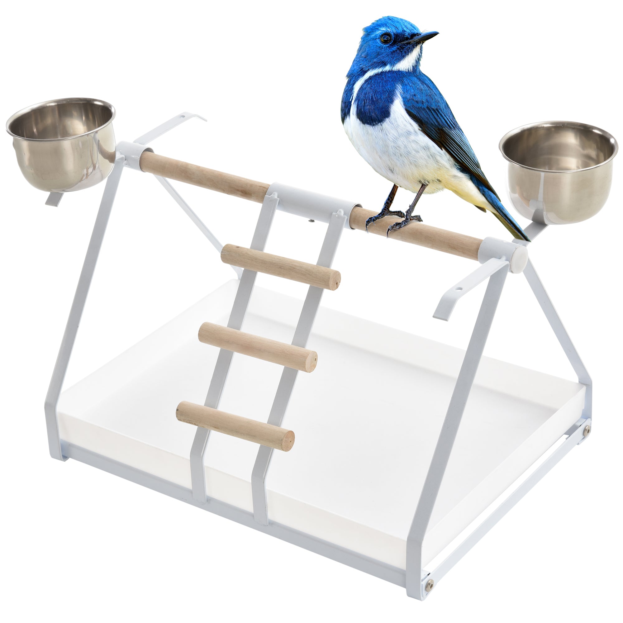PawHut Portable Bird Play Perch Stand with Wooden Perch, Stainless Steel Feeding Bowls, & an Easy-Clean Tray, White