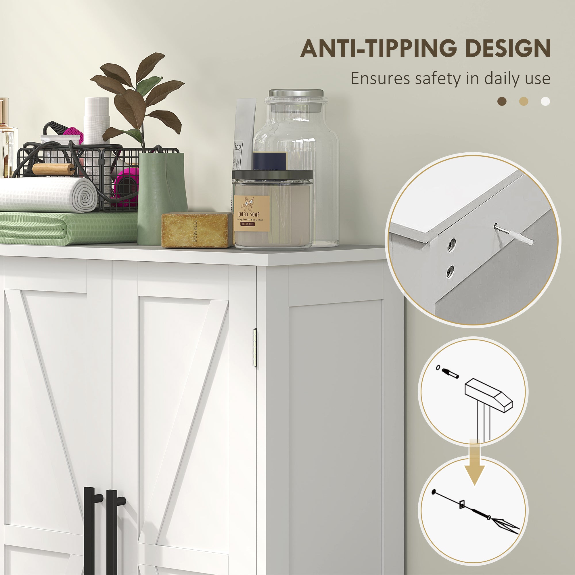 HOMCOM Bathroom Floor Cabinet, Farmhouse Bathroom Storage Cabinet with Barn Doors and Adjustable Shelf, White