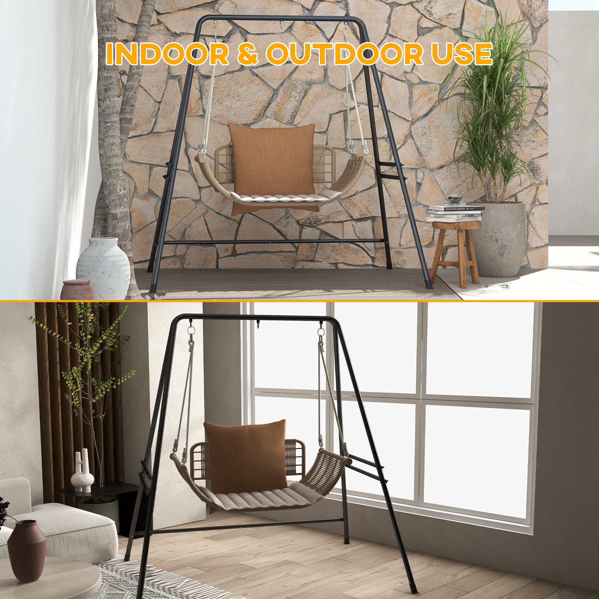 Outsunny Hammock Chair Stand, Hanging Heavy Duty Metal Frame Hammock Stand for Hanging Hammock Air Porch Swing Chair, Egg Cahir, Indoor & Outdoor Use, Black