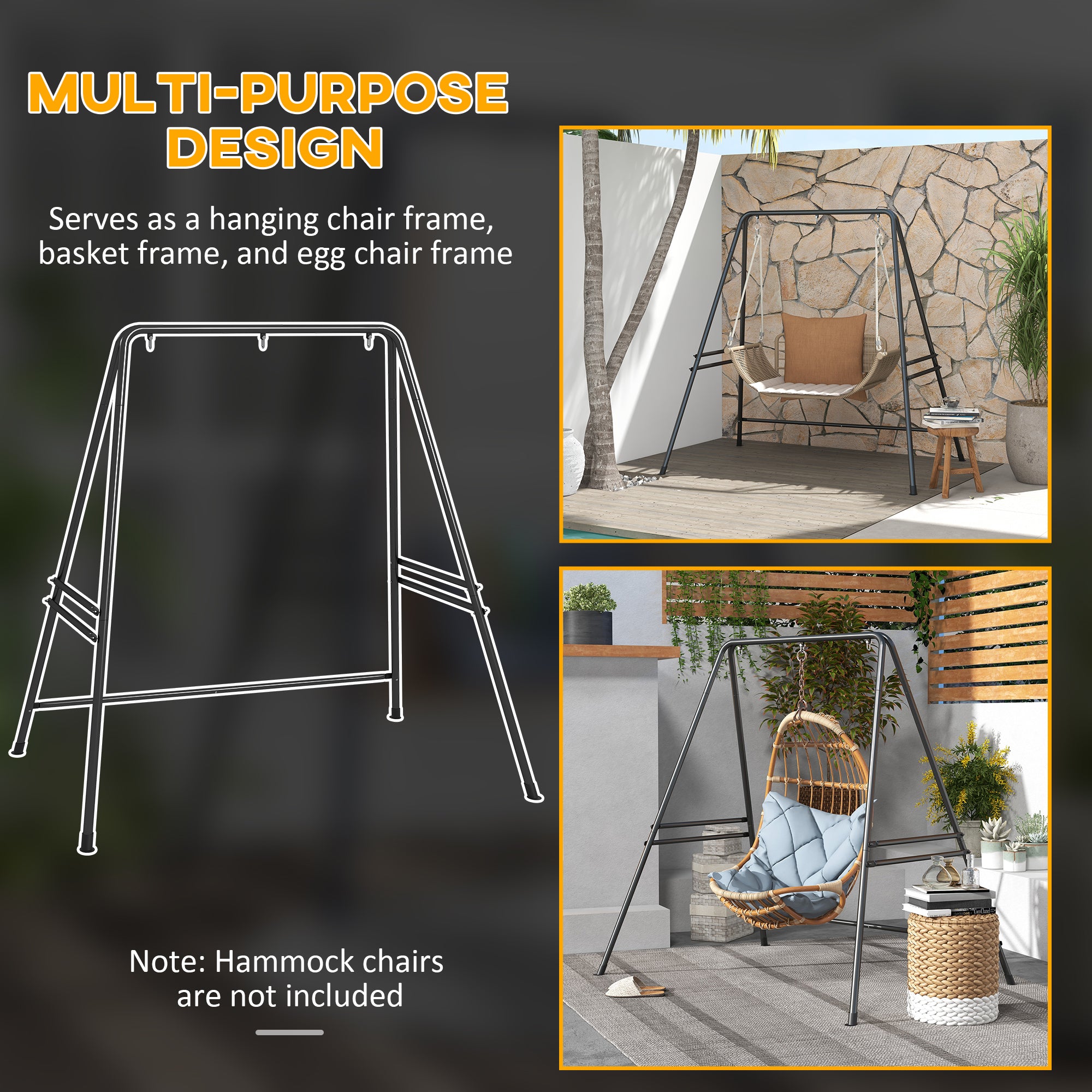 Outsunny Hammock Chair Stand, Hanging Heavy Duty Metal Frame Hammock Stand for Hanging Hammock Air Porch Swing Chair, Egg Cahir, Indoor & Outdoor Use, Black