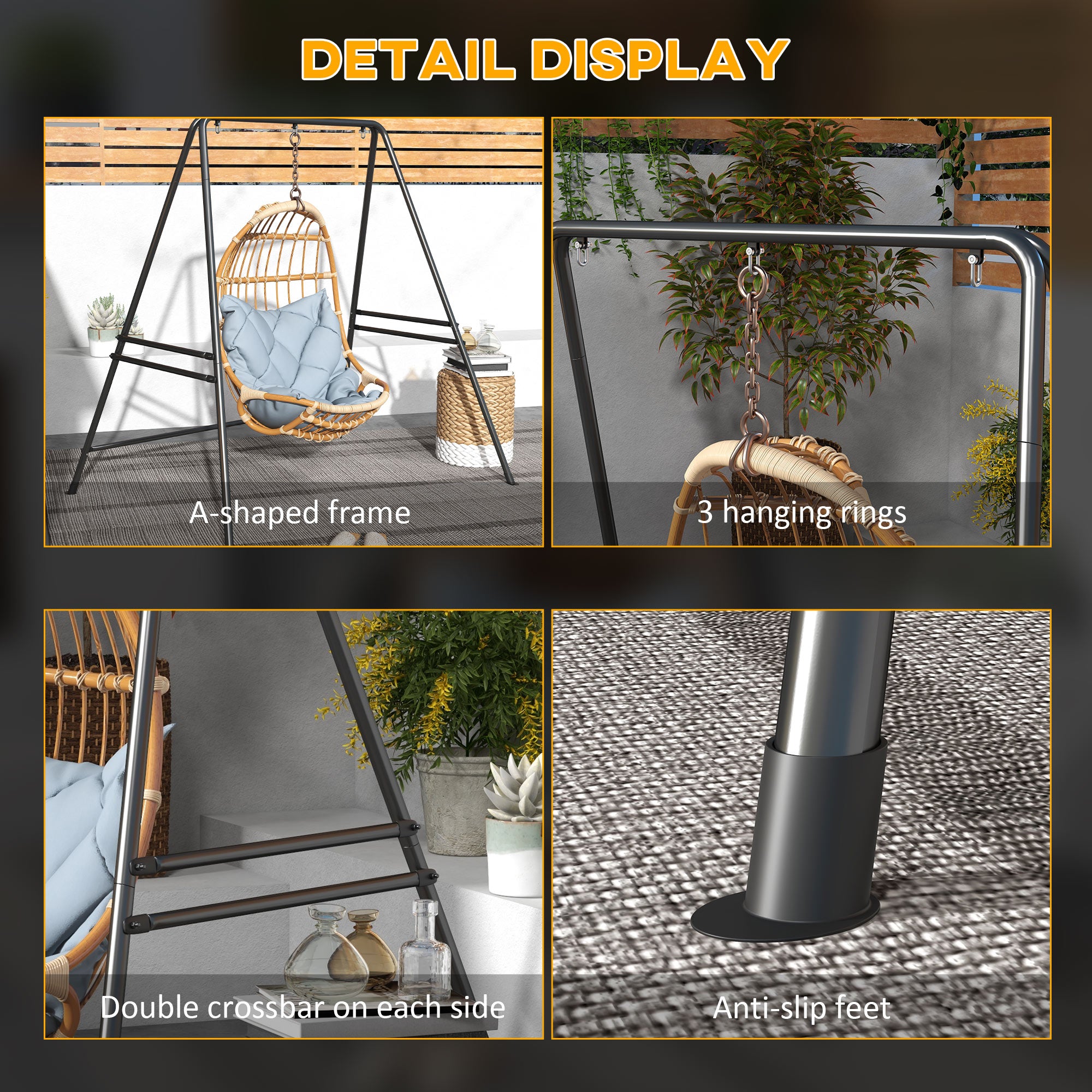 Outsunny Hammock Chair Stand, Hanging Heavy Duty Metal Frame Hammock Stand for Hanging Hammock Air Porch Swing Chair, Egg Cahir, Indoor & Outdoor Use, Black
