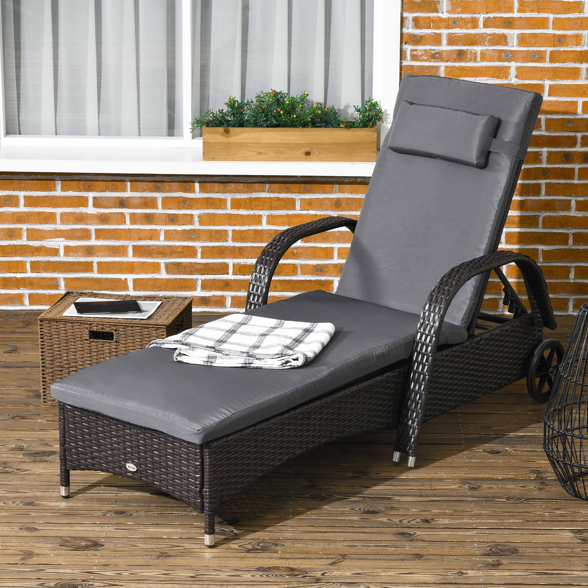 Outsunny Wicker Chaise Lounge, Outdoor Lounge Chair, PE Rattan Patio Sun lounger with Head-rest, 5-Level Height Adjust Backrest, Cushion, & Wheels, Deep Coffee and Med Grey
