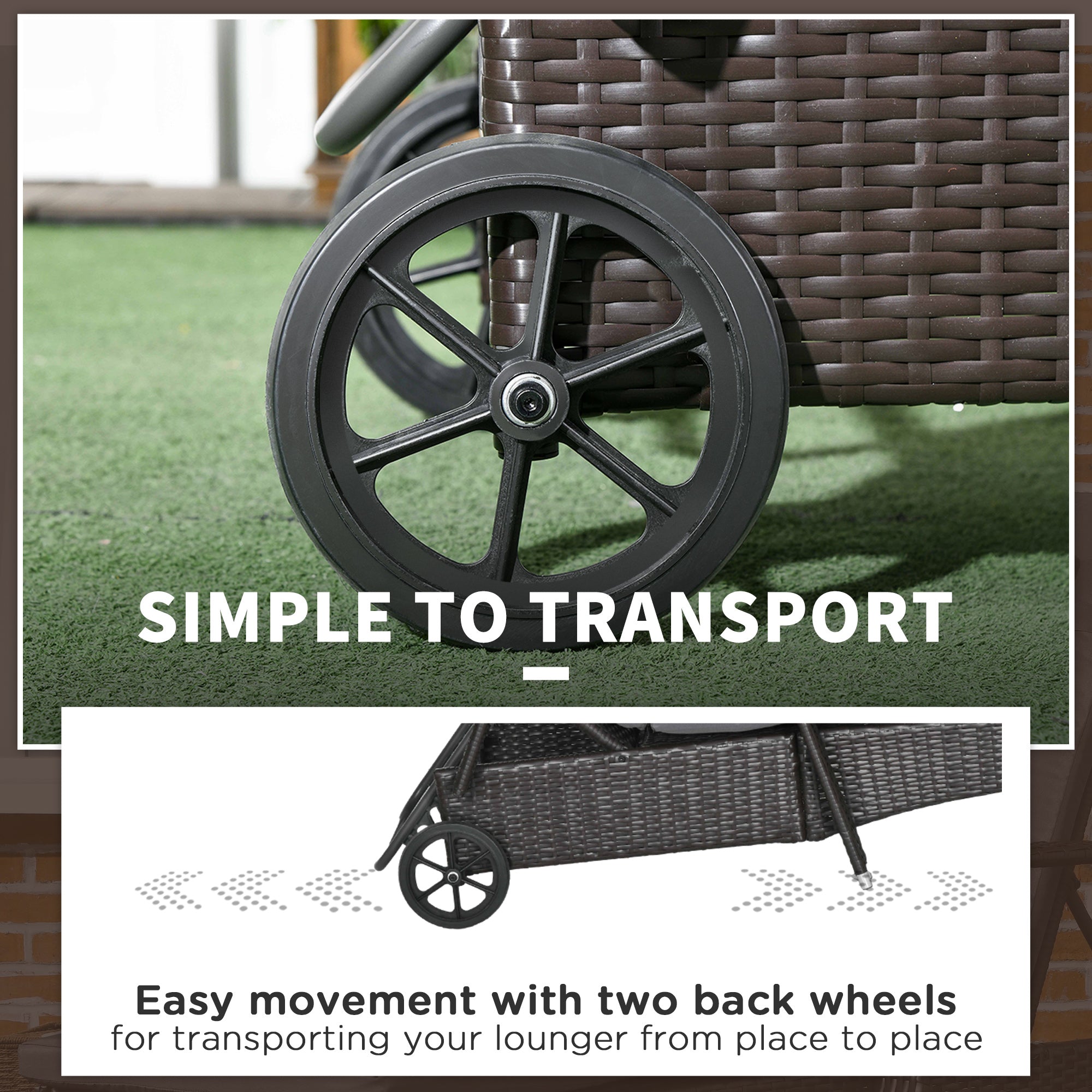 Outsunny Wicker Chaise Lounge, Outdoor Lounge Chair, PE Rattan Patio Sun lounger with Head-rest, 5-Level Height Adjust Backrest, Cushion, & Wheels, Deep Coffee and Med Grey