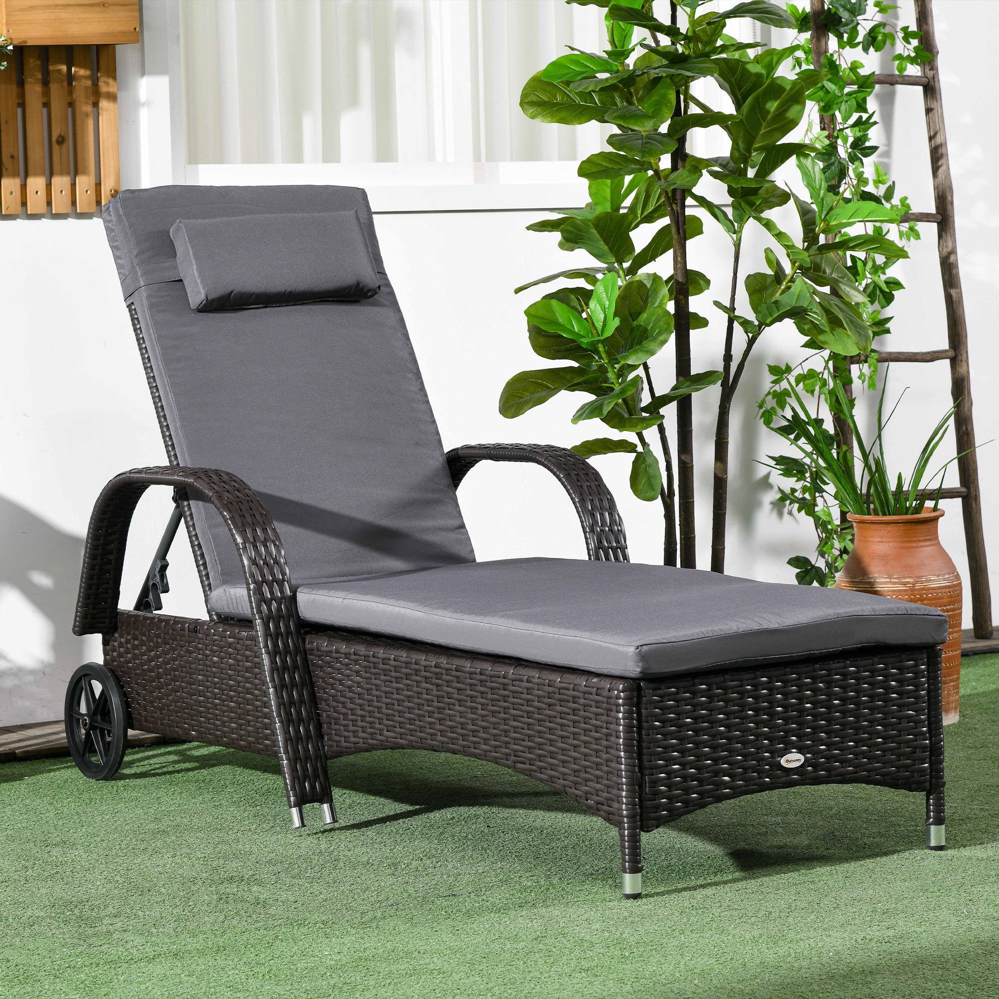 Outsunny Wicker Chaise Lounge, Outdoor Lounge Chair, PE Rattan Patio Sun lounger with Head-rest, 5-Level Height Adjust Backrest, Cushion, & Wheels, Deep Coffee and Med Grey