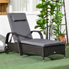 Outsunny Wicker Chaise Lounge, Outdoor Lounge Chair, PE Rattan Patio Sun lounger with Head-rest, 5-Level Height Adjust Backrest, Cushion, & Wheels, Deep Coffee and Med Grey