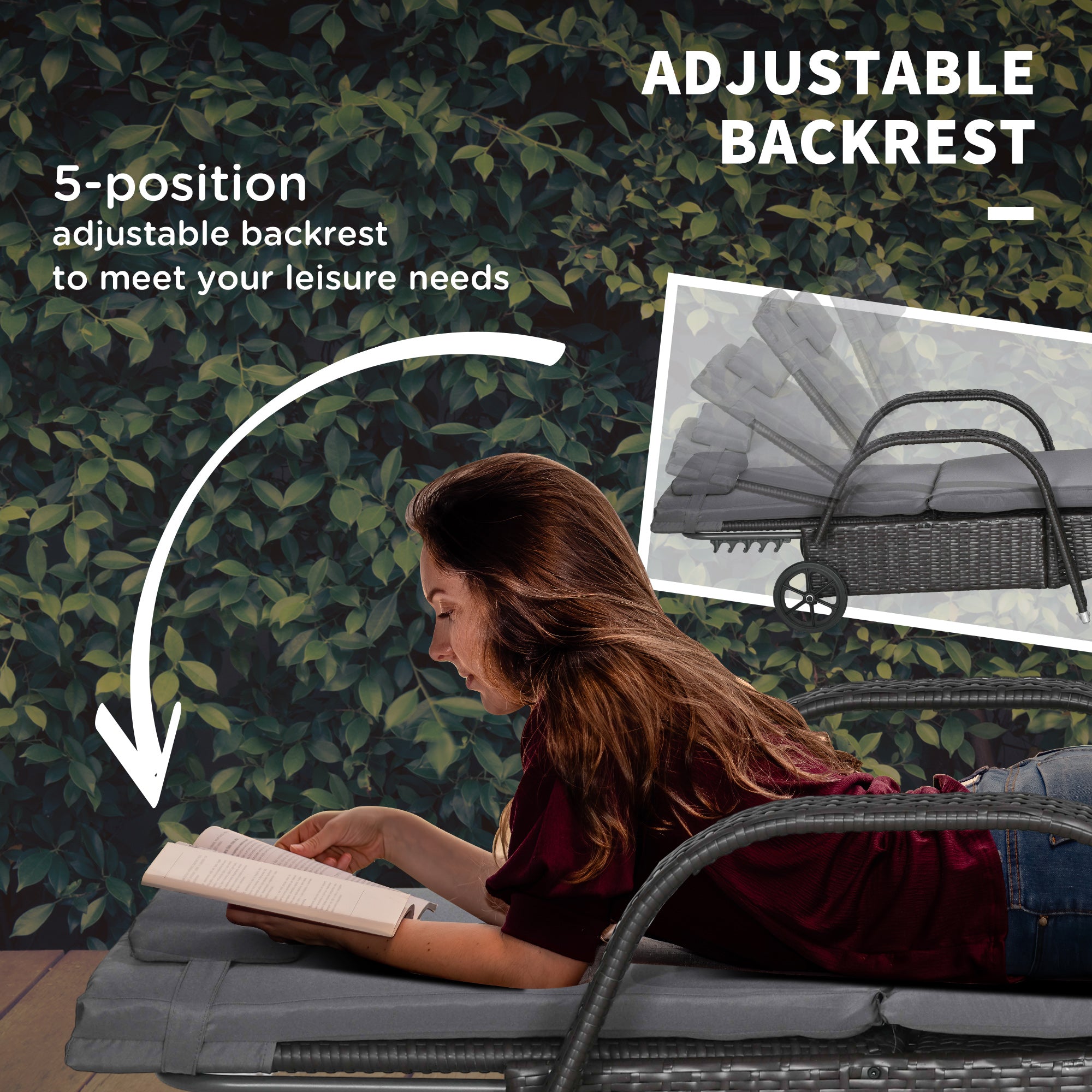 Outsunny Wicker Chaise Lounge, Outdoor Lounge Chair, PE Rattan Patio Sun lounger with Head-rest, 5-Level Height Adjust Backrest, Cushion, & Wheels, Deep Coffee and Med Grey