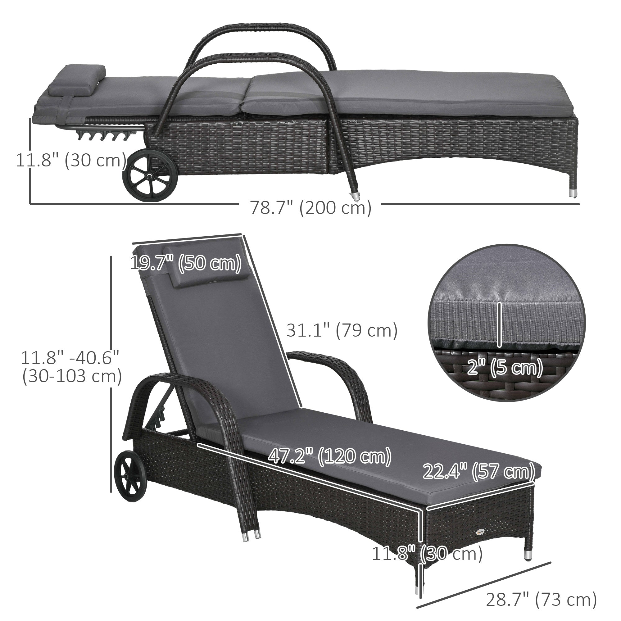 Outsunny Wicker Chaise Lounge, Outdoor Lounge Chair, PE Rattan Patio Sun lounger with Head-rest, 5-Level Height Adjust Backrest, Cushion, & Wheels, Deep Coffee and Med Grey