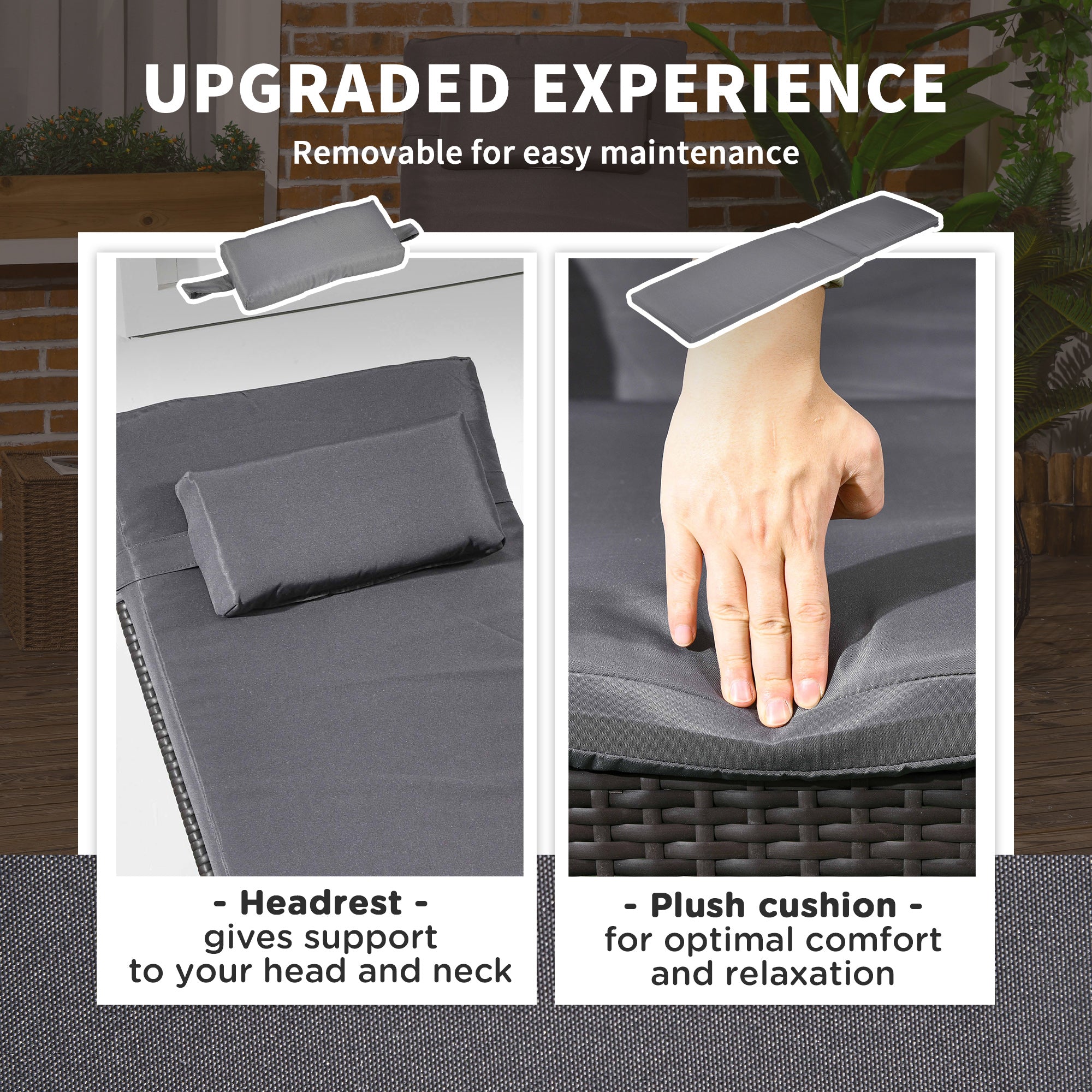 Outsunny Wicker Chaise Lounge, Outdoor Lounge Chair, PE Rattan Patio Sun lounger with Head-rest, 5-Level Height Adjust Backrest, Cushion, & Wheels, Deep Coffee and Med Grey