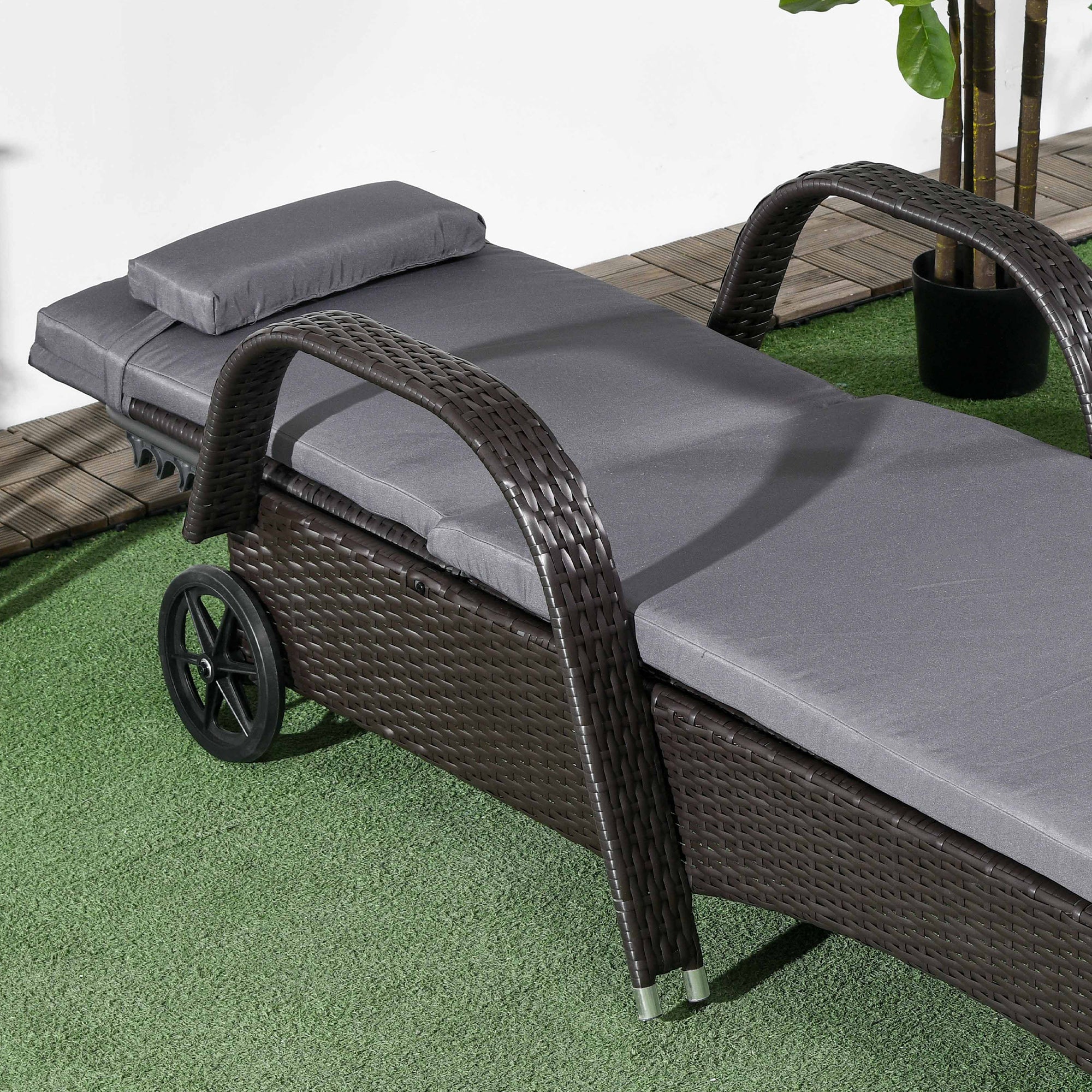 Outsunny Wicker Chaise Lounge, Outdoor Lounge Chair, PE Rattan Patio Sun lounger with Head-rest, 5-Level Height Adjust Backrest, Cushion, & Wheels, Deep Coffee and Med Grey