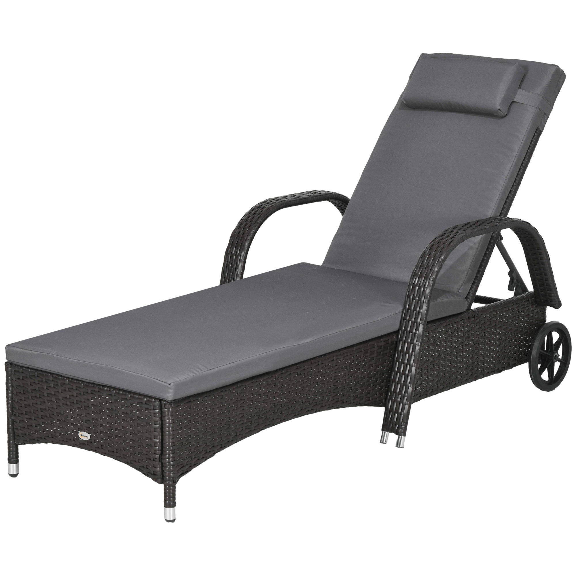 Outsunny Wicker Chaise Lounge, Outdoor Lounge Chair, PE Rattan Patio Sun lounger with Head-rest, 5-Level Height Adjust Backrest, Cushion, & Wheels, Deep Coffee and Med Grey