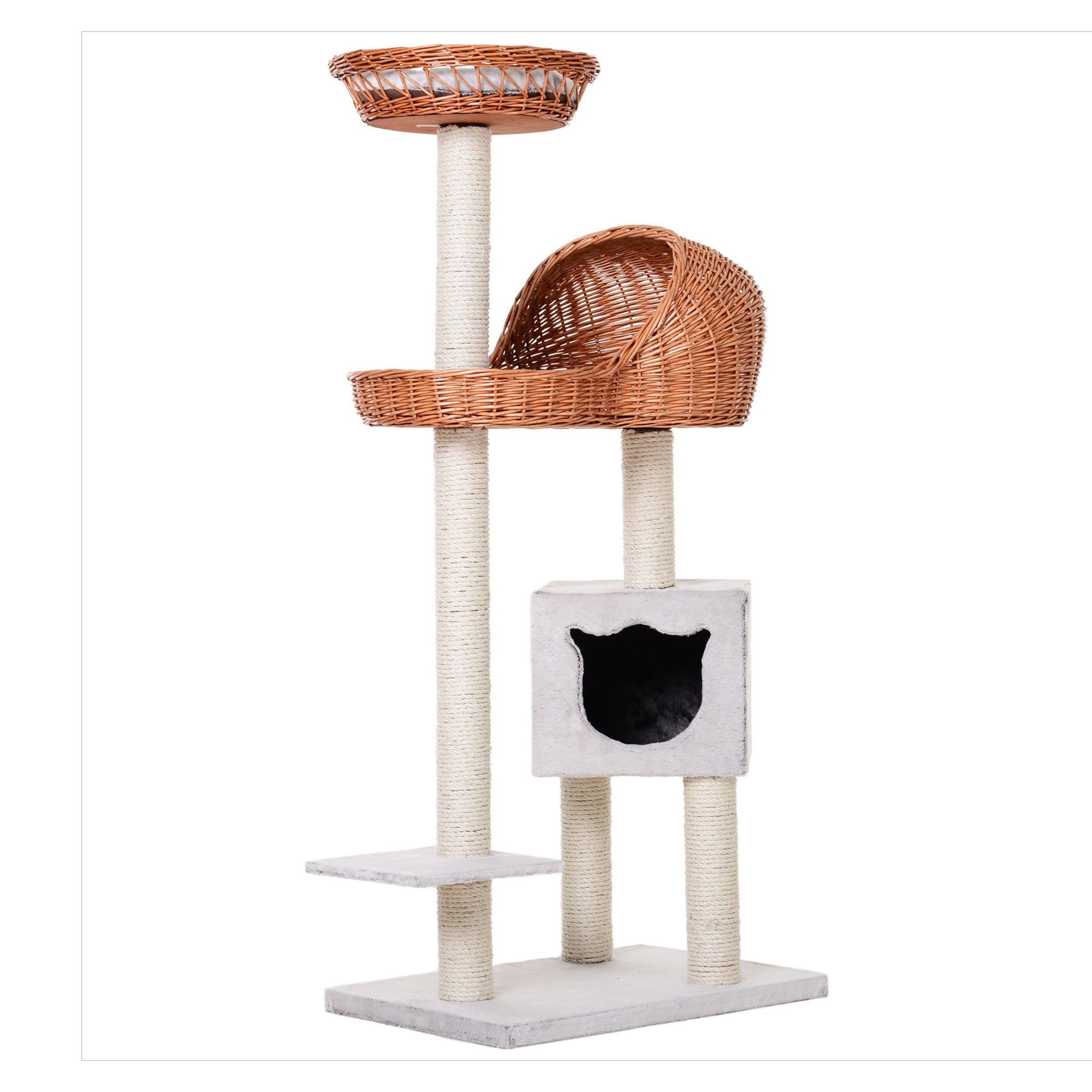 Pawhut 1.3m Cat Tree for Indoor Cats Condo Tower Scratching Post Climber Hooded Rattan Wicker cat cave