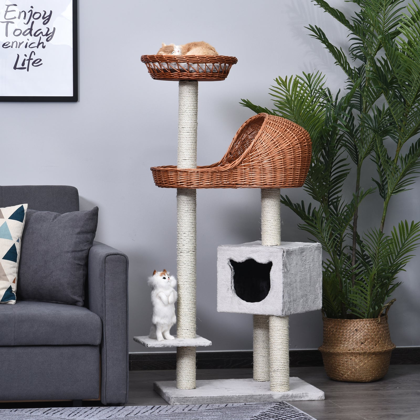 Pawhut 1.3m Cat Tree for Indoor Cats Condo Tower Scratching Post Climber Hooded Rattan Wicker cat cave