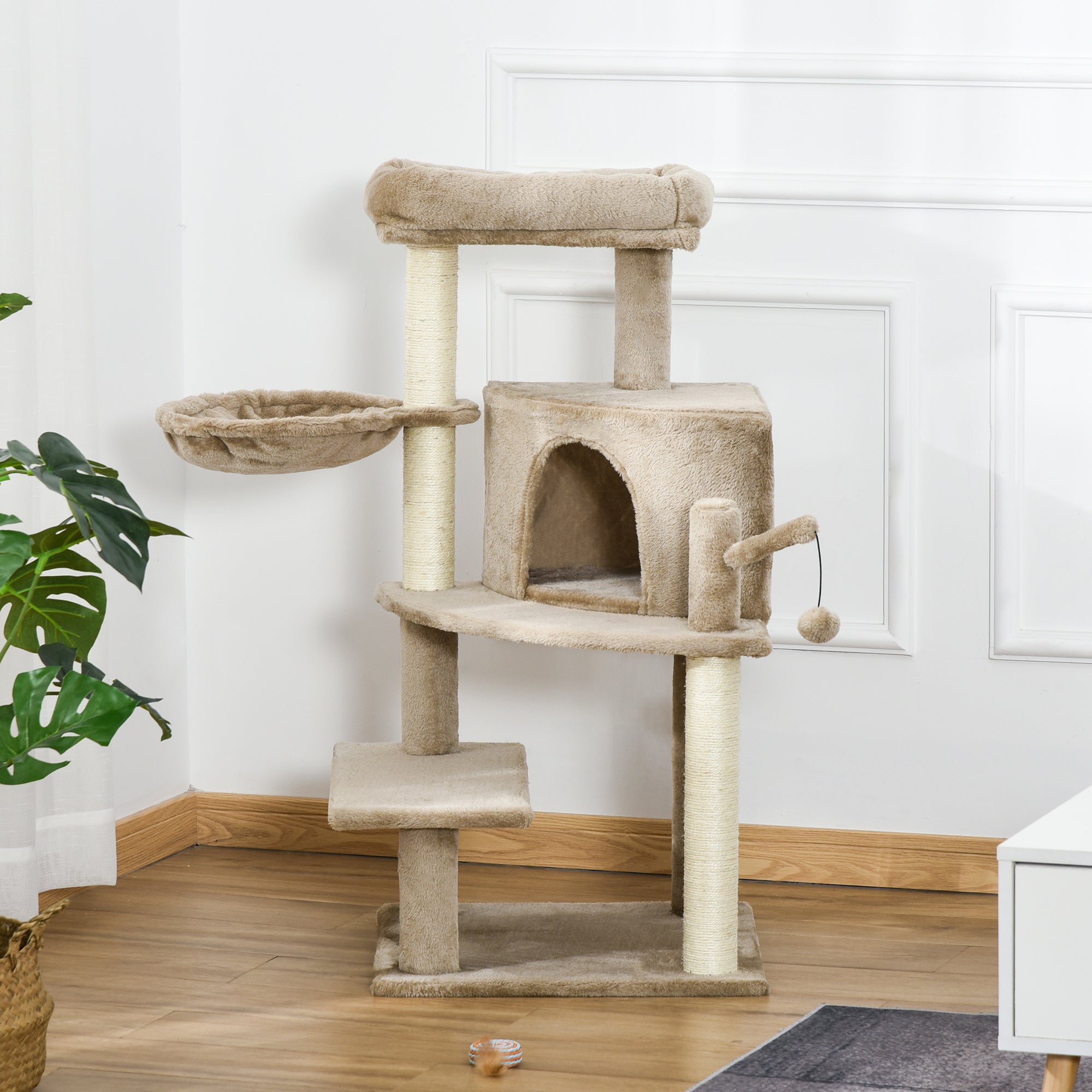 PawHut Cat Tree Tower for Indoor Cats 100cm Climbing Kitten Activity Centre with Sisal Scratching Post Perch Roomy Condo Hammock Bed Hanging Toy, Brown