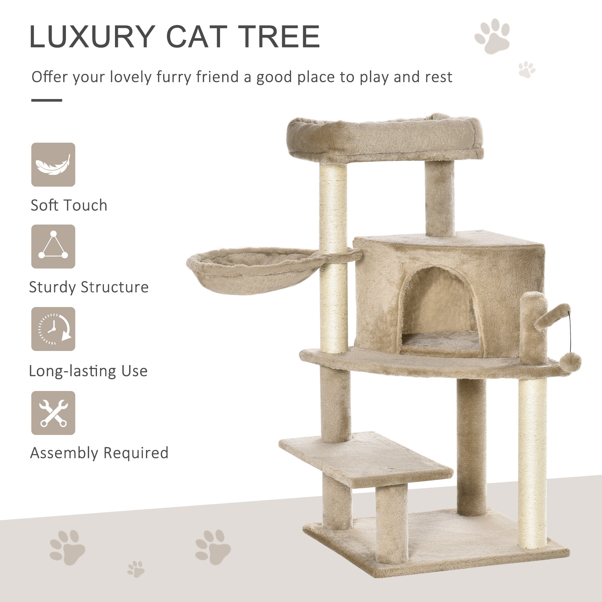 PawHut Cat Tree Tower for Indoor Cats 100cm Climbing Kitten Activity Centre with Sisal Scratching Post Perch Roomy Condo Hammock Bed Hanging Toy, Brown