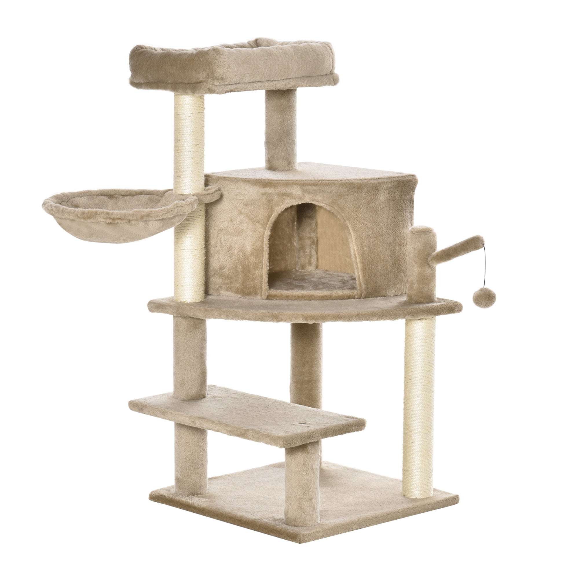 PawHut Cat Tree Tower for Indoor Cats 100cm Climbing Kitten Activity Centre with Sisal Scratching Post Perch Roomy Condo Hammock Bed Hanging Toy, Brown