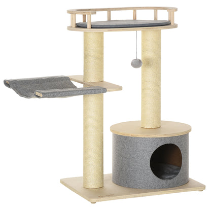 PawHut 35" Cat Tree, Kitty Activity Centre, Wooden Cat Climbing Toy, Cat Tower with Cat Bed Hammock Condo Washable Cushion Hanging Ball Toy Sisal Scratching Post, Natural