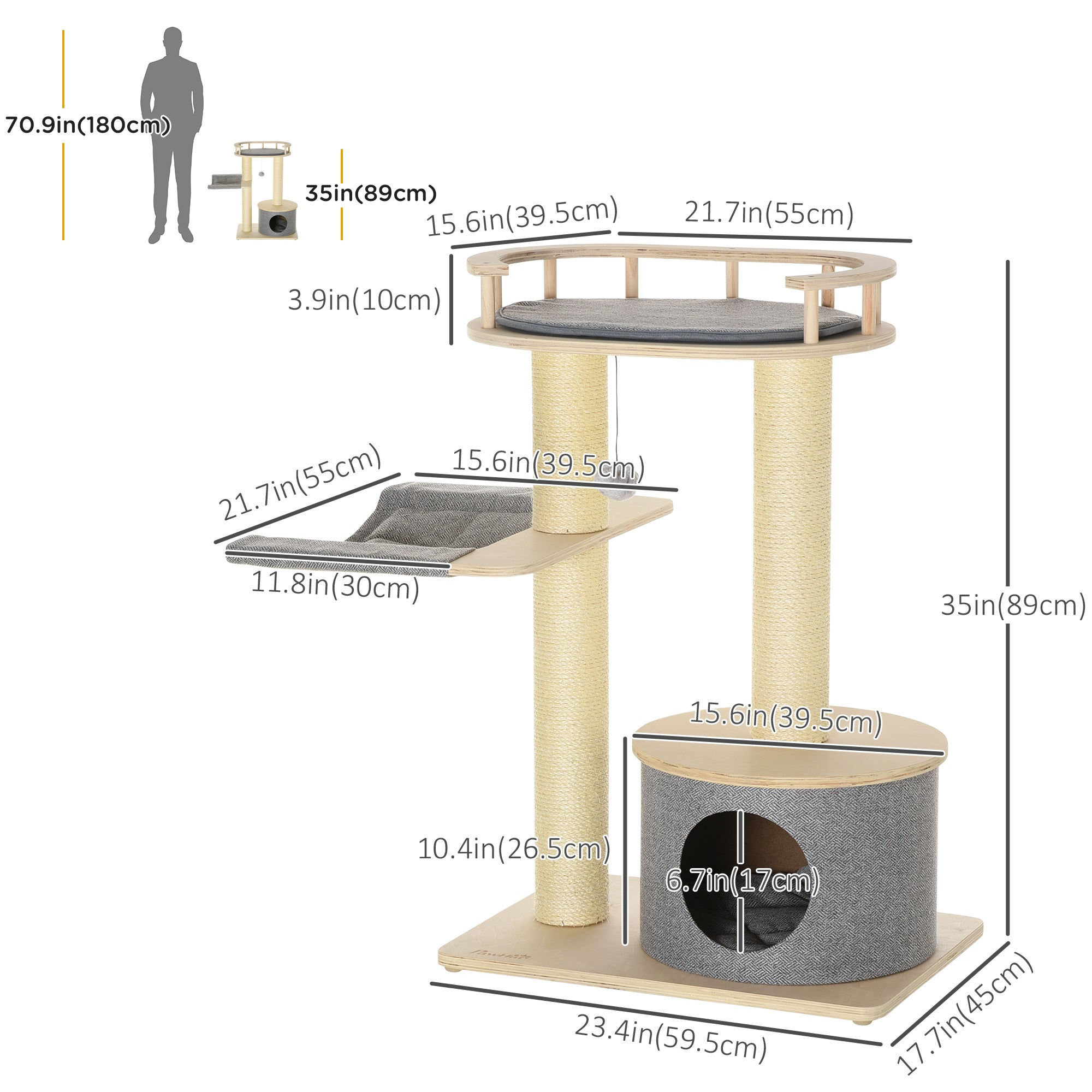 PawHut 35" Cat Tree, Kitty Activity Centre, Wooden Cat Climbing Toy, Cat Tower with Cat Bed Hammock Condo Washable Cushion Hanging Ball Toy Sisal Scratching Post, Natural