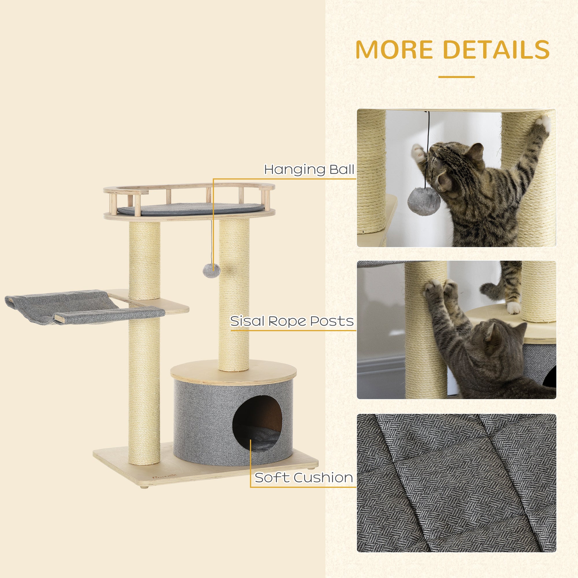 PawHut 35" Cat Tree, Kitty Activity Centre, Wooden Cat Climbing Toy, Cat Tower with Cat Bed Hammock Condo Washable Cushion Hanging Ball Toy Sisal Scratching Post, Natural