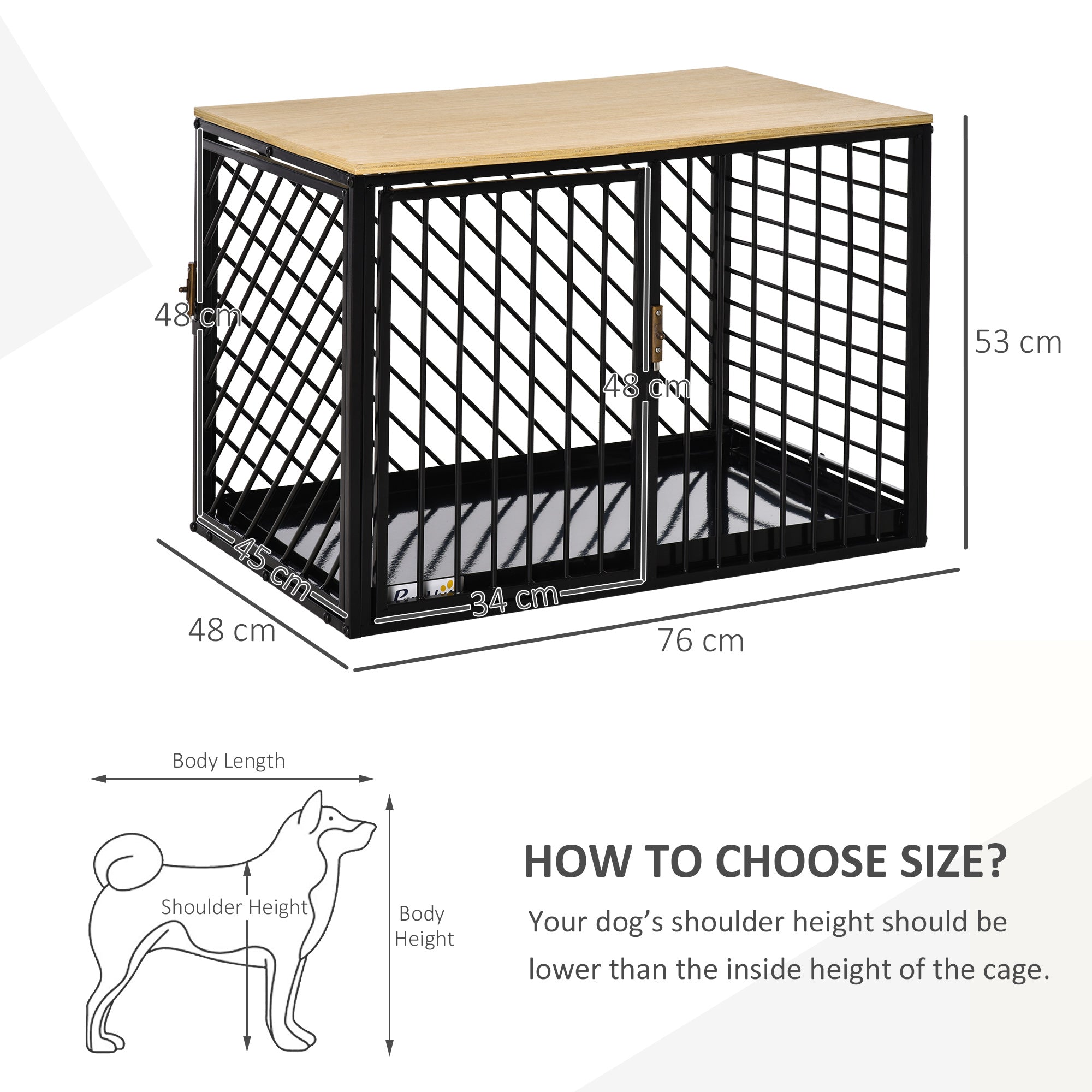 PawHut Heavy Duty Steel Dog Crate Small Medium Dog Kennel Two Doors Tray Large Top Pet Cage 76L x 48W x 53H cm