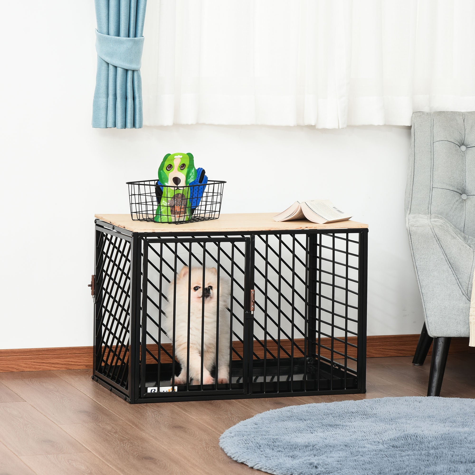 PawHut Heavy Duty Steel Dog Crate Small Medium Dog Kennel Two Doors Tray Large Top Pet Cage 76L x 48W x 53H cm