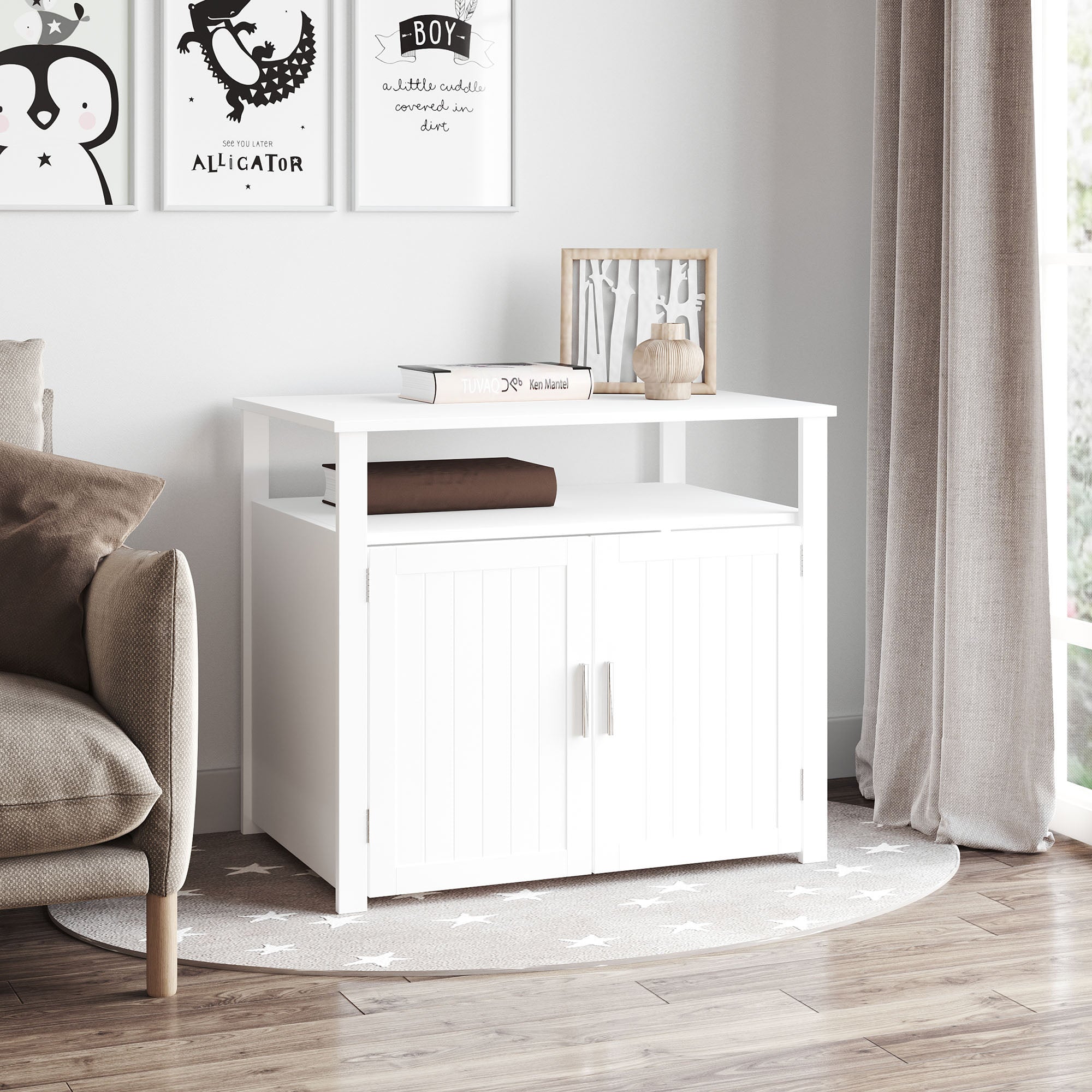 PawHut Wooden Cat Litter Box Enclosure Furniture with Adjustable Partition, Cat Washroom End Table with Open Shelf, White