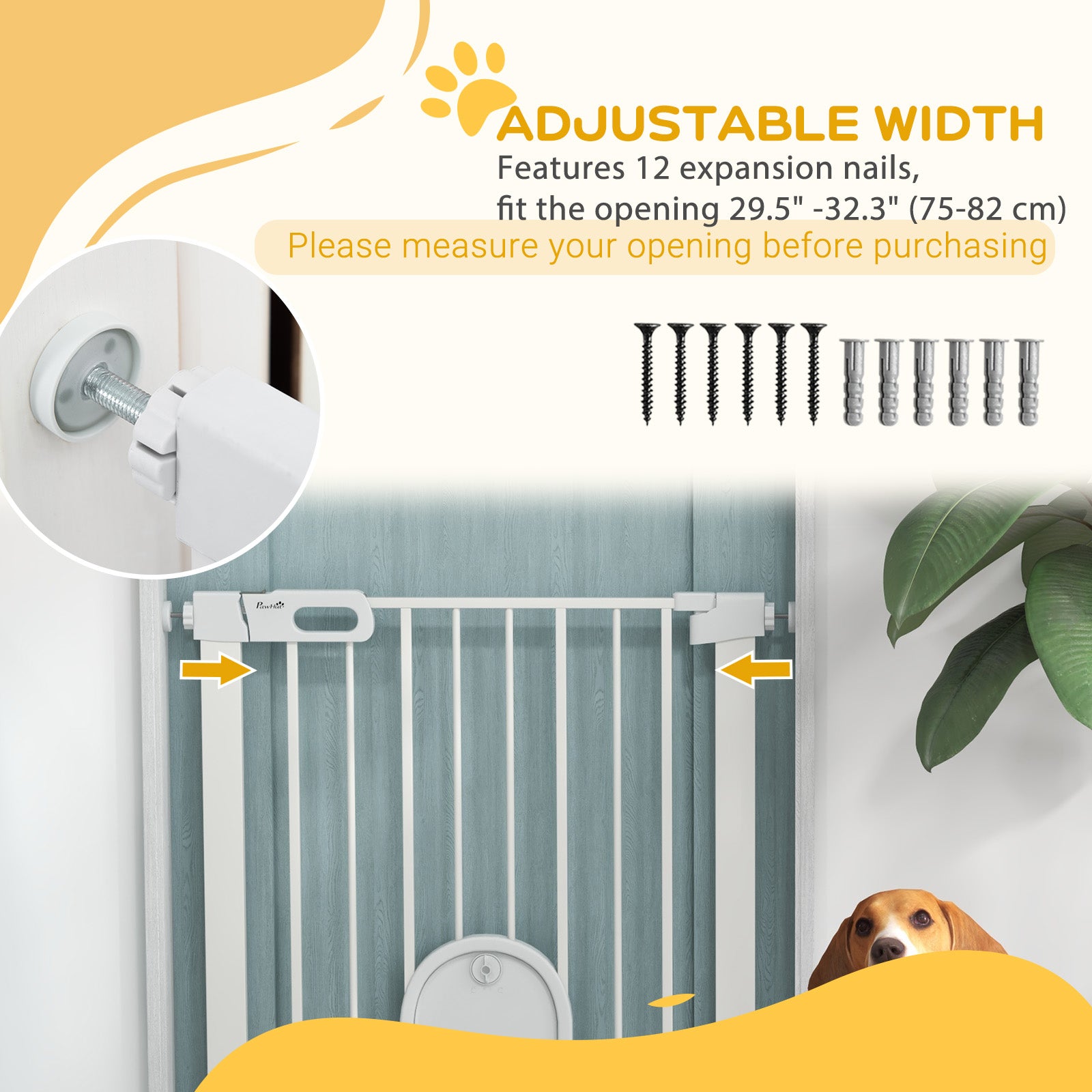 PawHut Dog Gate with Cat Flap Pet Safety Gate Barrier, Stair Pressure Fit, Auto Close, Double Locking, for Doorways, Hallways, 75-82 cm White