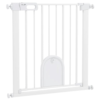 PawHut 30"-32" Extra Wide Pet Gate with Small Door, 30"H Dog Gate with Safety Gate Barrier, Stair Pressure Fit, Auto Close, Double Locking, for Doorways, Hallways, White