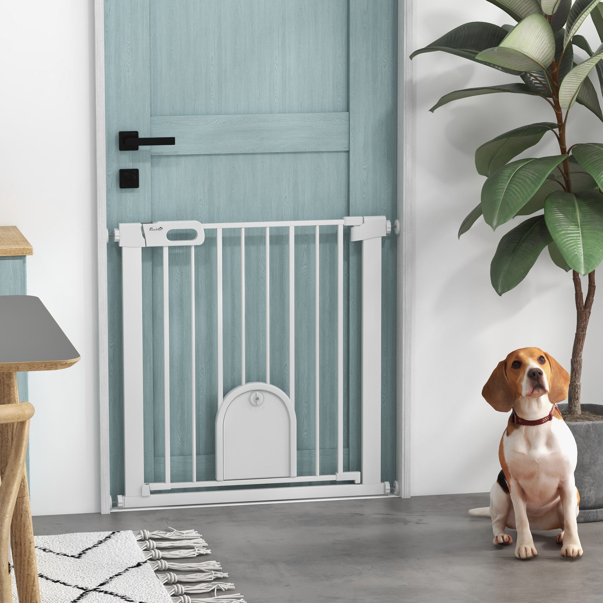 PawHut 30"-32" Extra Wide Pet Gate with Small Door, 30"H Dog Gate with Safety Gate Barrier, Stair Pressure Fit, Auto Close, Double Locking, for Doorways, Hallways, White