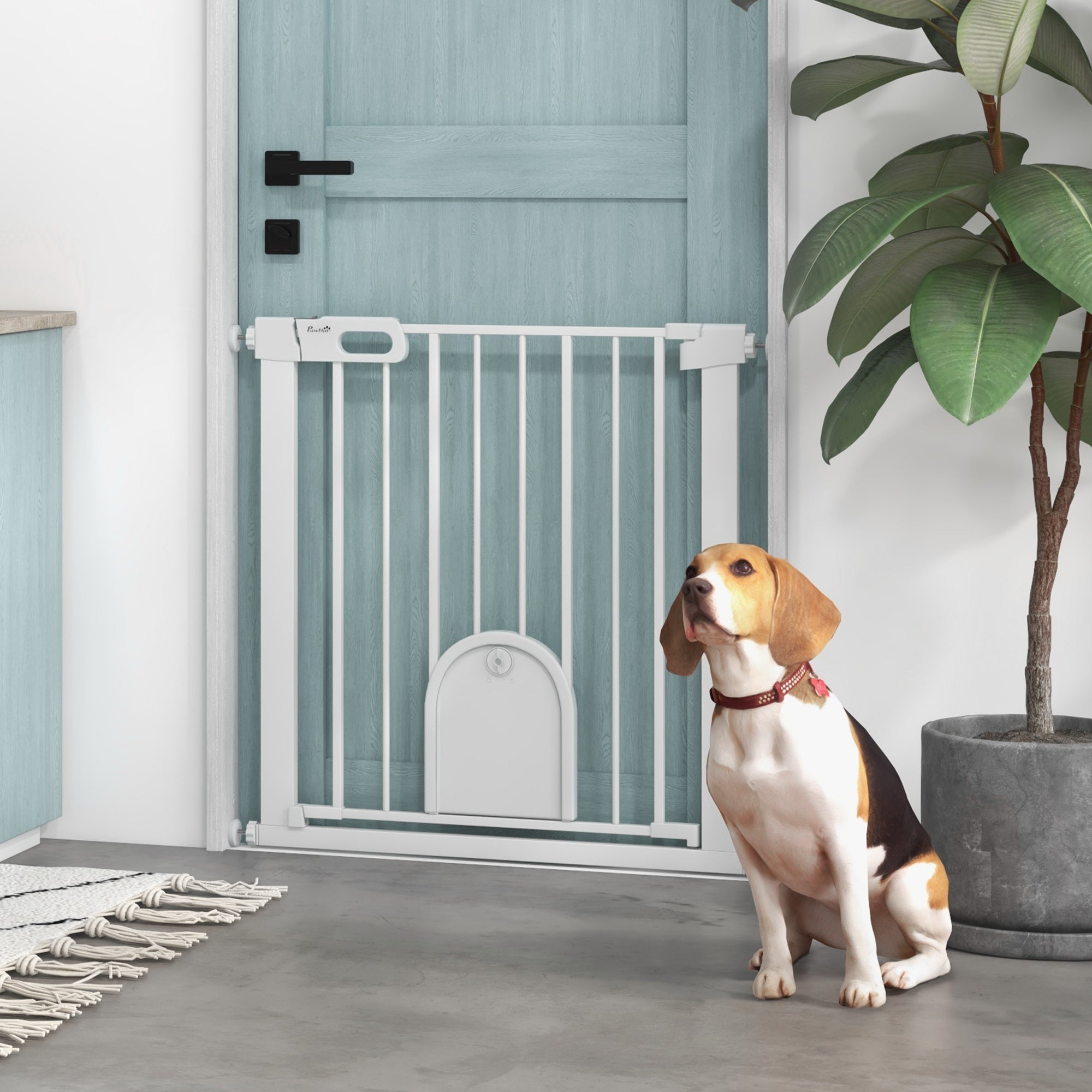 PawHut 30"-32" Extra Wide Pet Gate with Small Door, 30"H Dog Gate with Safety Gate Barrier, Stair Pressure Fit, Auto Close, Double Locking, for Doorways, Hallways, White