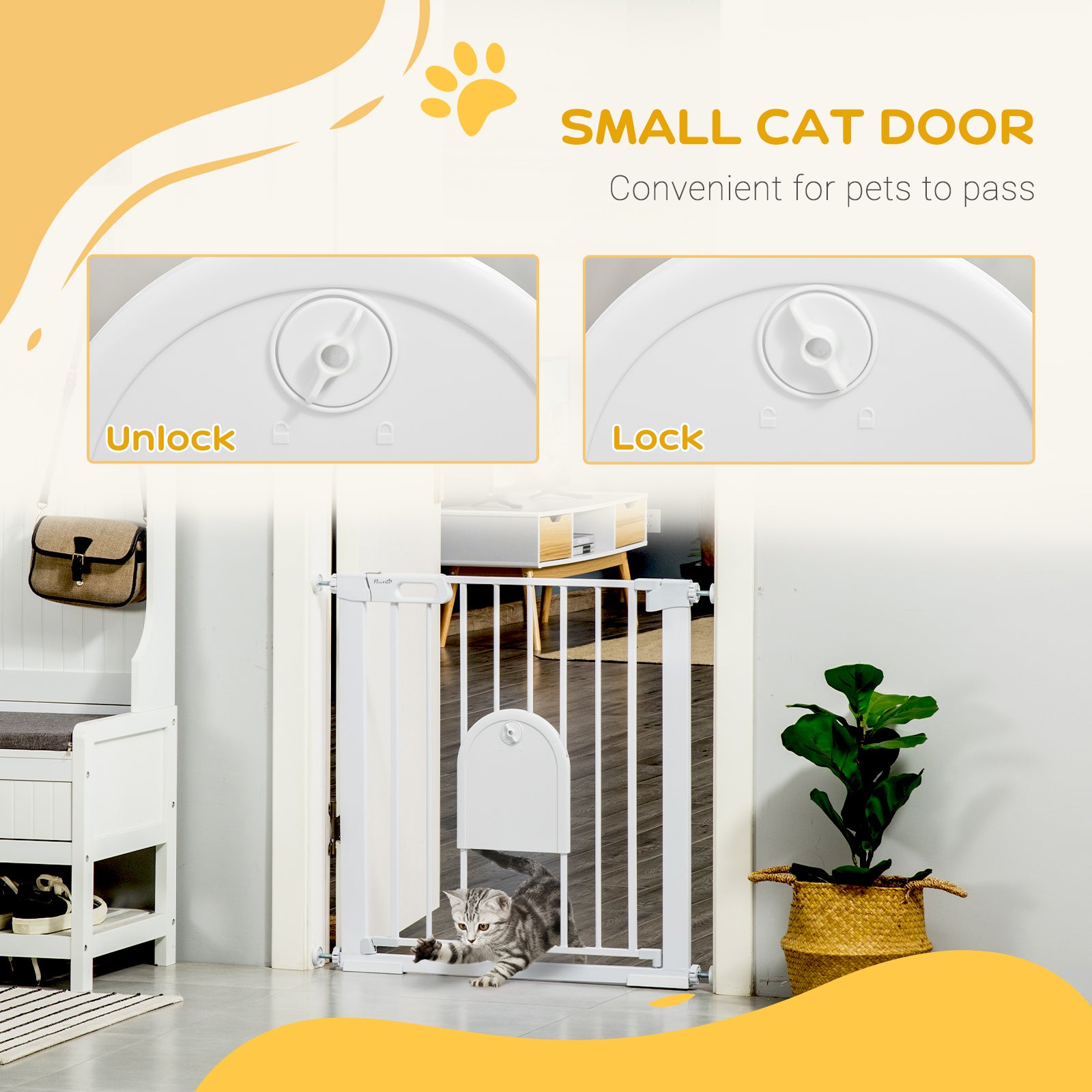 PawHut 30"-32" Extra Wide Pet Gate with Small Door, 30"H Dog Gate with Safety Gate Barrier, Stair Pressure Fit, Auto Close, Double Locking, for Doorways, Hallways, White