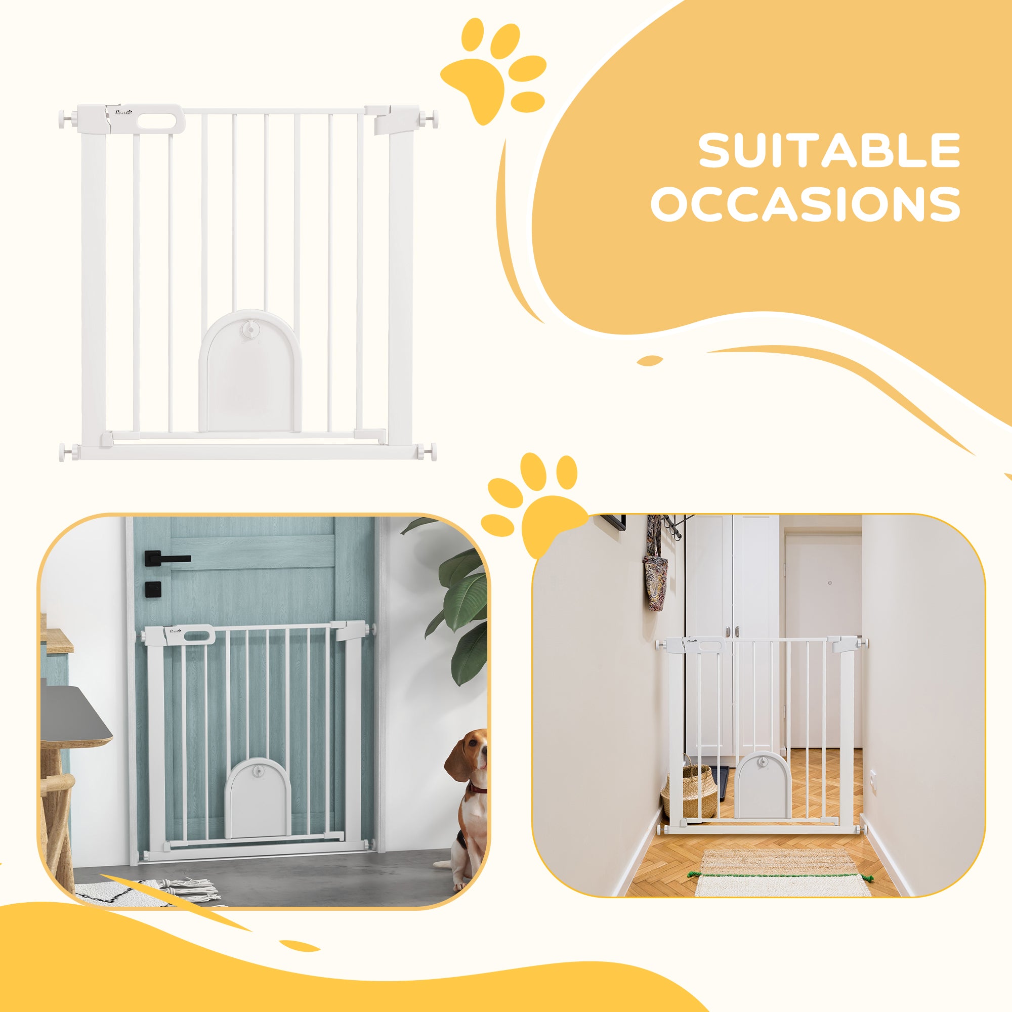 PawHut 30"-32" Extra Wide Pet Gate with Small Door, 30"H Dog Gate with Safety Gate Barrier, Stair Pressure Fit, Auto Close, Double Locking, for Doorways, Hallways, White