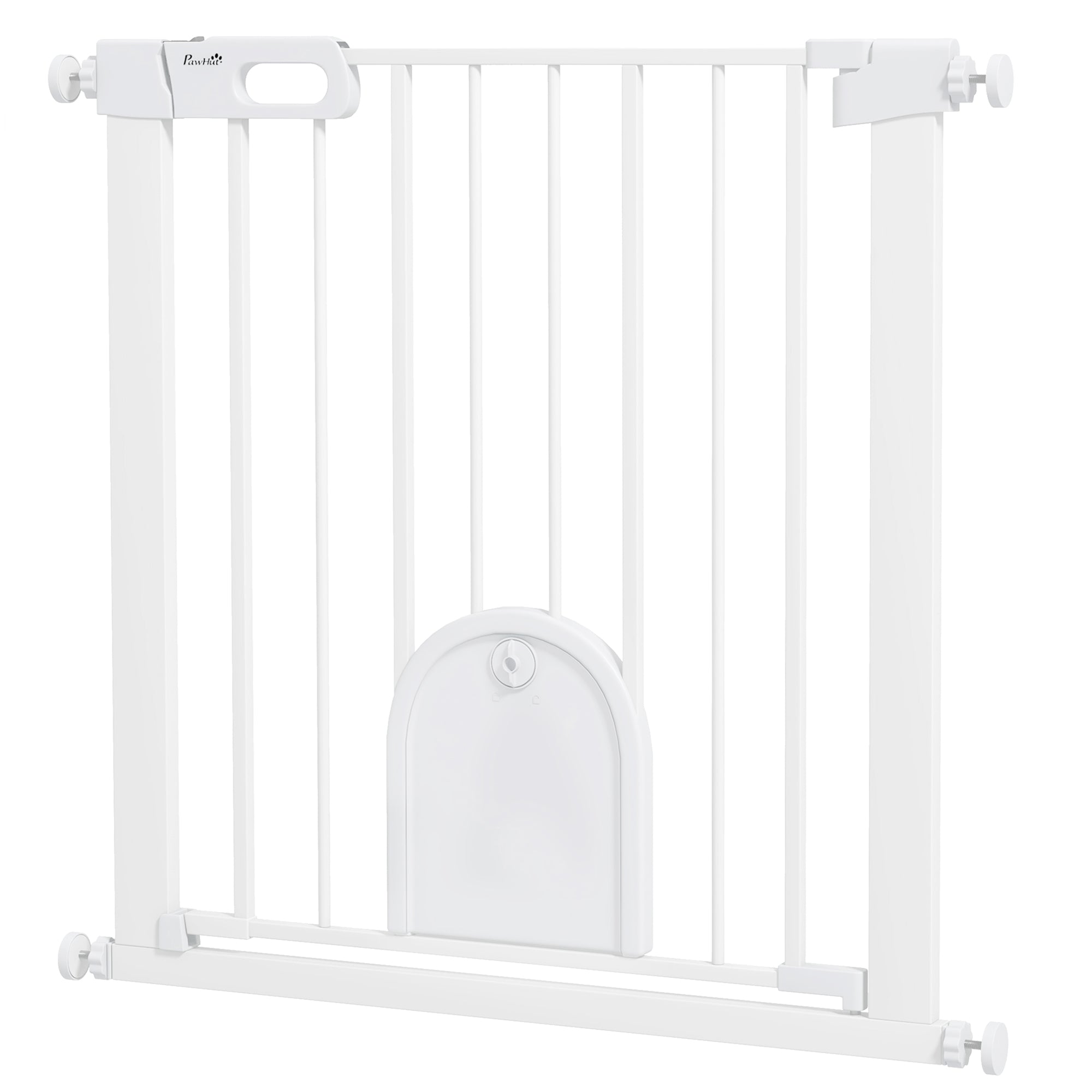 PawHut Dog Gate with Cat Flap Pet Safety Gate Barrier, Stair Pressure Fit, Auto Close, Double Locking, for Doorways, Hallways, 75-82 cm White