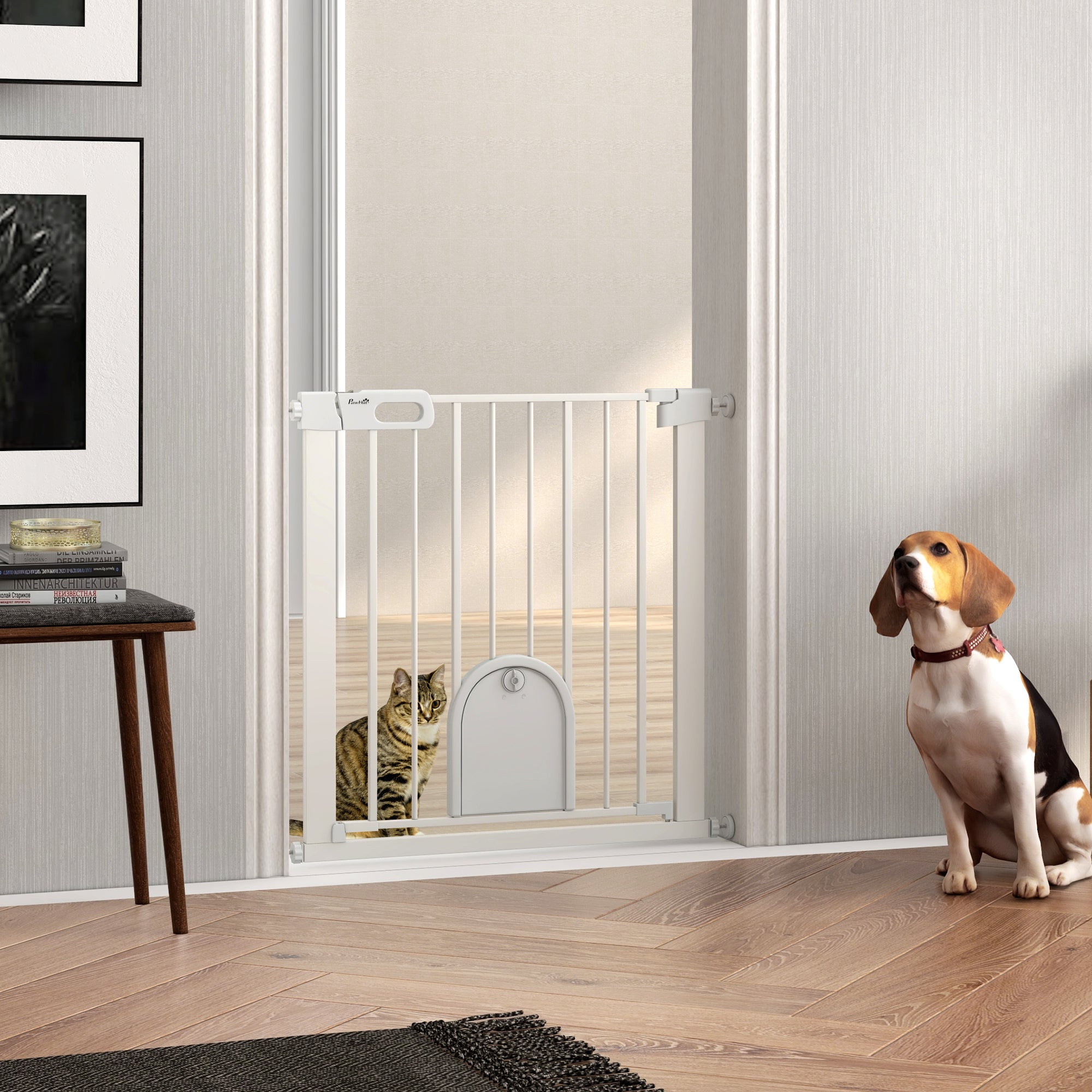 PawHut Dog Gate with Cat Flap Pet Safety Gate Barrier, Stair Pressure Fit, Auto Close, Double Locking, for Doorways, Hallways, 75-82 cm White