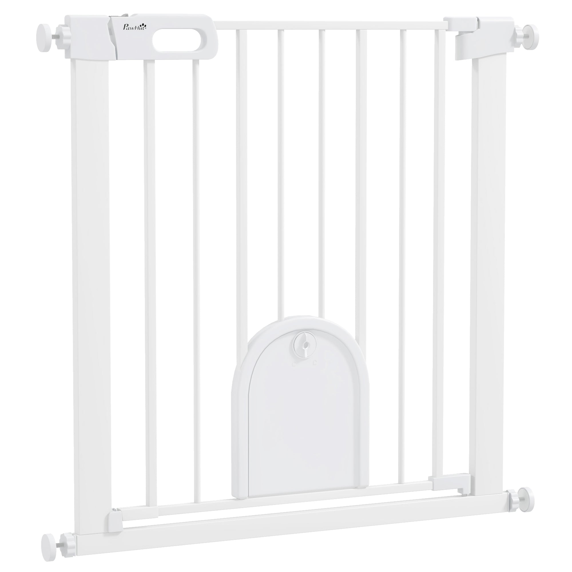 PawHut Dog Gate with Cat Flap Pet Safety Gate Barrier, Stair Pressure Fit, Auto Close, Double Locking, for Doorways, Hallways, 75-82 cm White