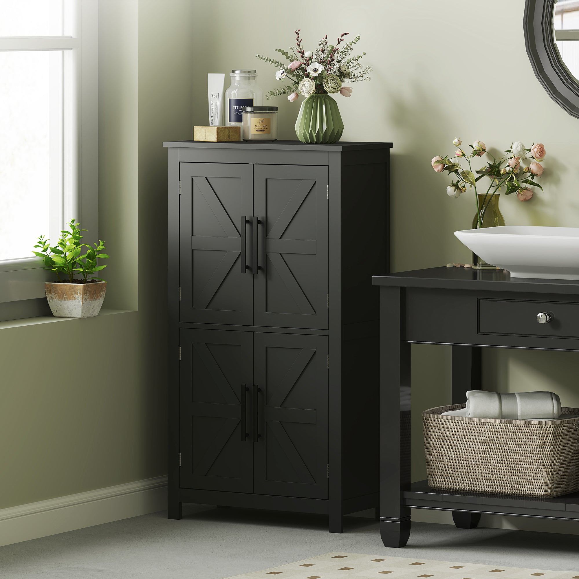 HOMCOM Farmhouse Bathroom Cabinet with Barn Doors, Bathroom Floor Storage Cabinet with Adjustable Shelf, Freestanding Storage Unit, Black