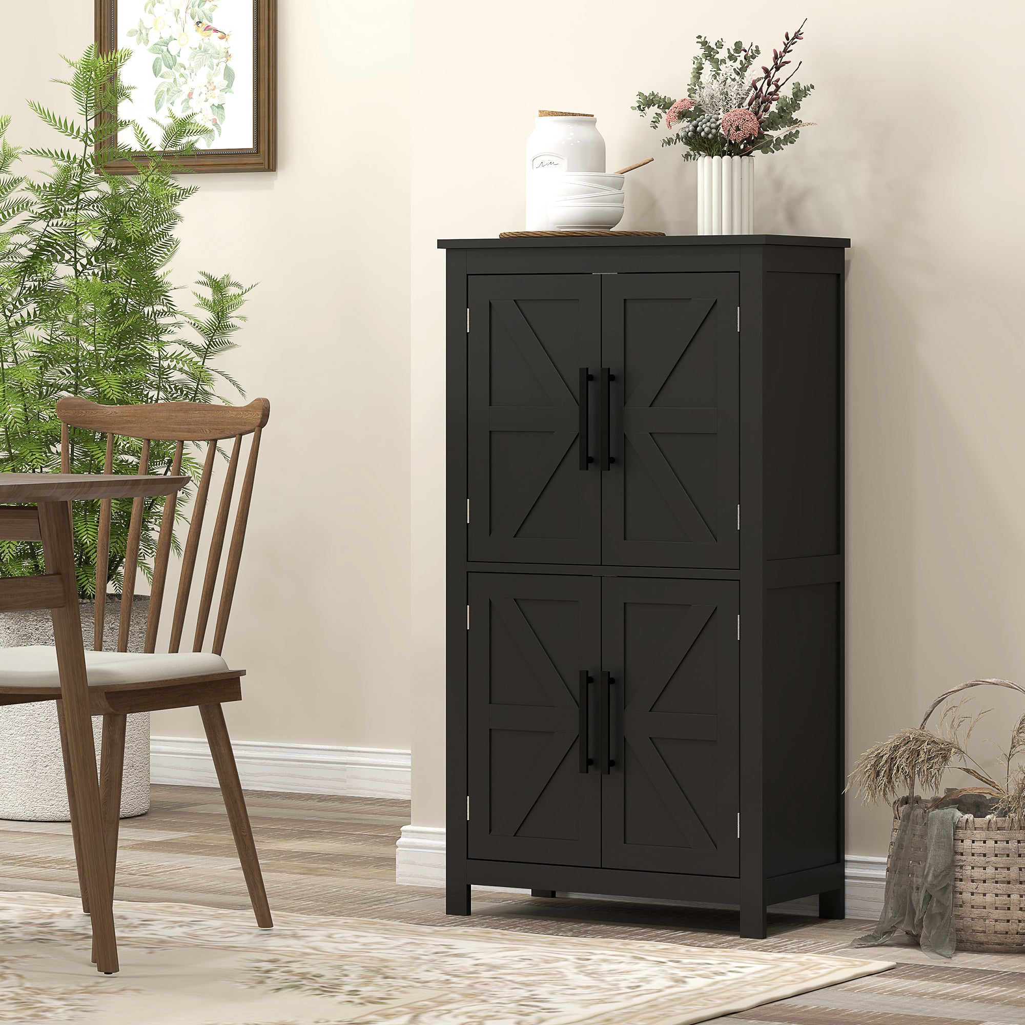 HOMCOM Farmhouse Bathroom Cabinet with Barn Doors, Bathroom Floor Storage Cabinet with Adjustable Shelf, Freestanding Storage Unit, Black