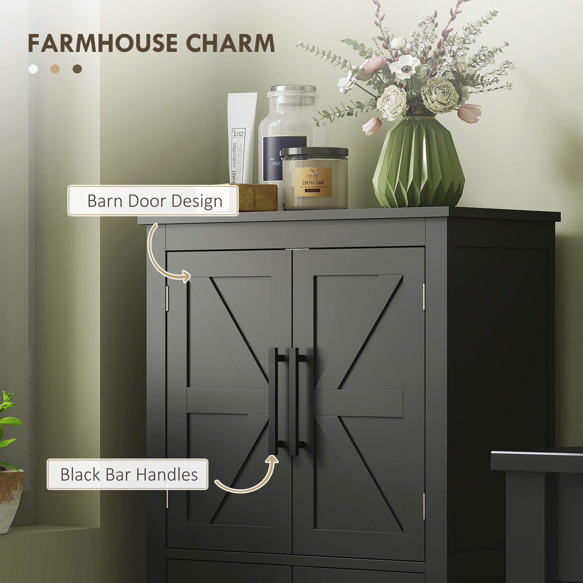 HOMCOM Farmhouse Bathroom Cabinet with Barn Doors, Bathroom Floor Storage Cabinet with Adjustable Shelf, Freestanding Storage Unit, Black