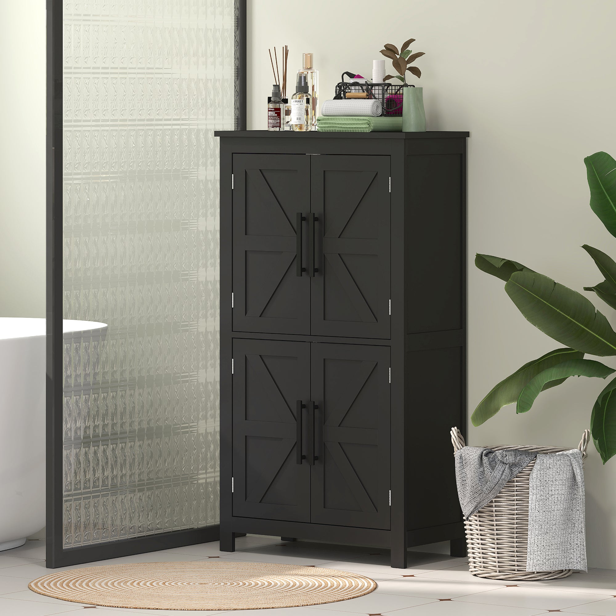HOMCOM Farmhouse Bathroom Cabinet with Barn Doors, Bathroom Floor Storage Cabinet with Adjustable Shelf, Freestanding Storage Unit, Black