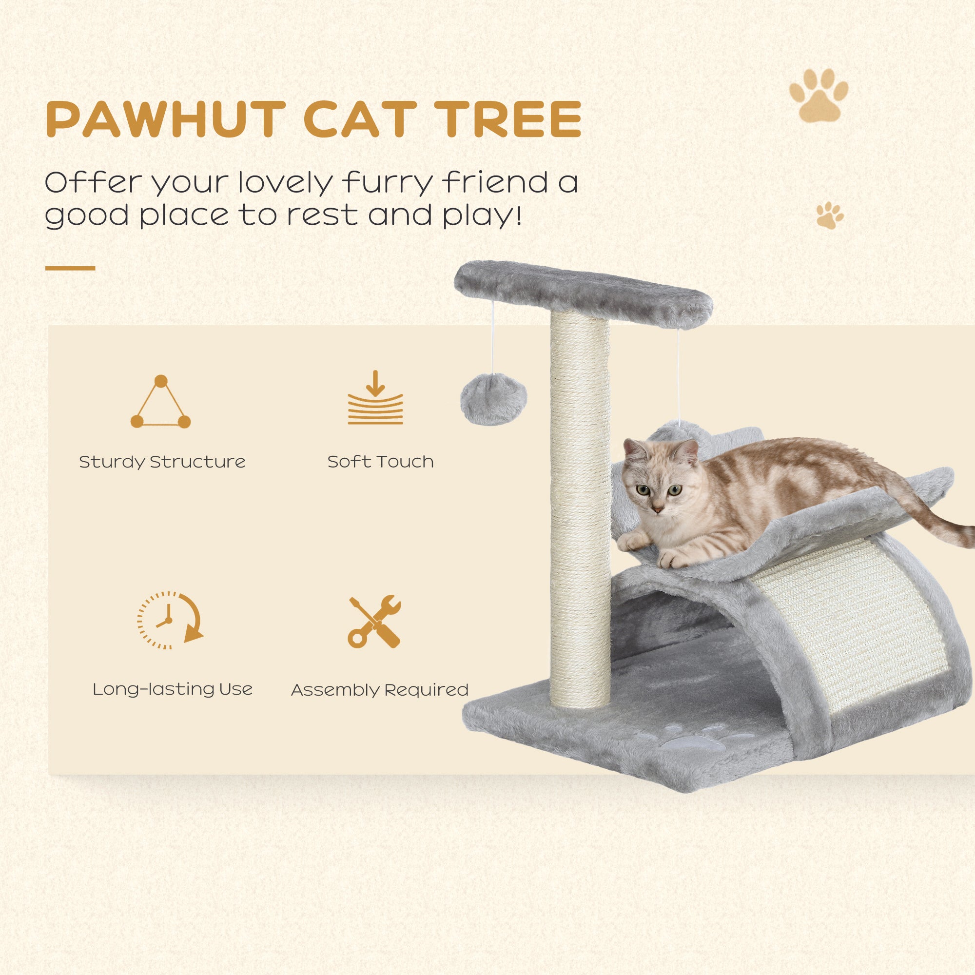PawHut 17" Small Cat Tree with Rotatable Top Pole, Cat Tower with Scratching Post, Platform, Tunnel, 2 Dangling Balls, Scratching Board, Light Grey