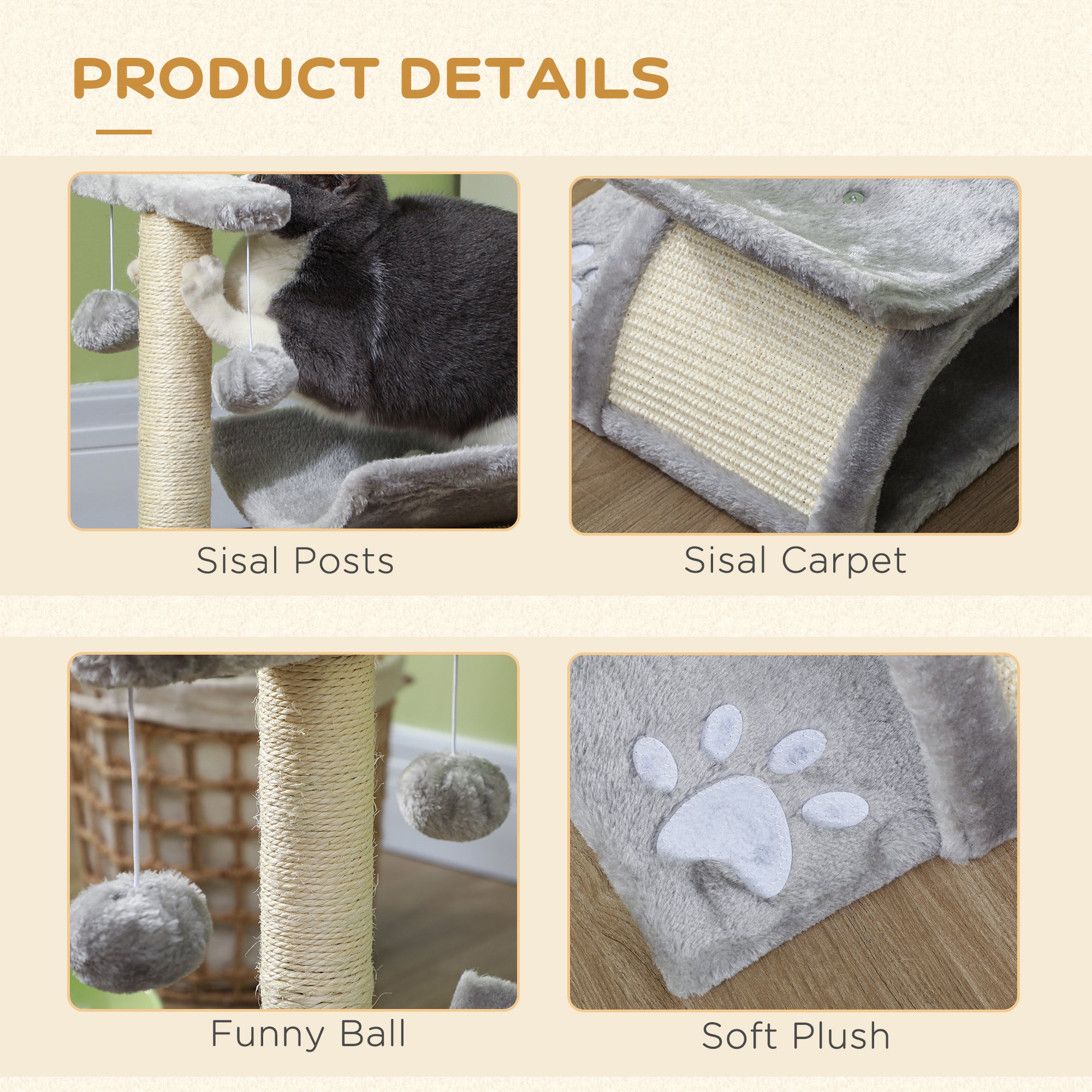 PawHut 17" Small Cat Tree with Rotatable Top Pole, Cat Tower with Scratching Post, Platform, Tunnel, 2 Dangling Balls, Scratching Board, Light Grey