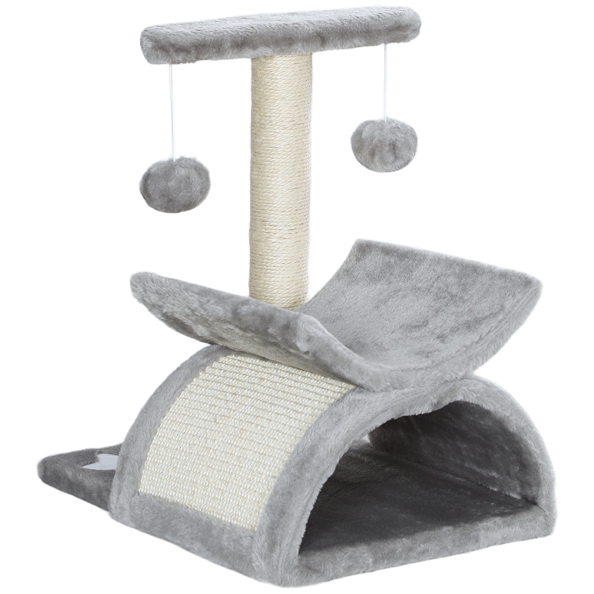 PawHut 17" Small Cat Tree with Rotatable Top Pole, Cat Tower with Scratching Post, Platform, Tunnel, 2 Dangling Balls, Scratching Board, Light Grey
