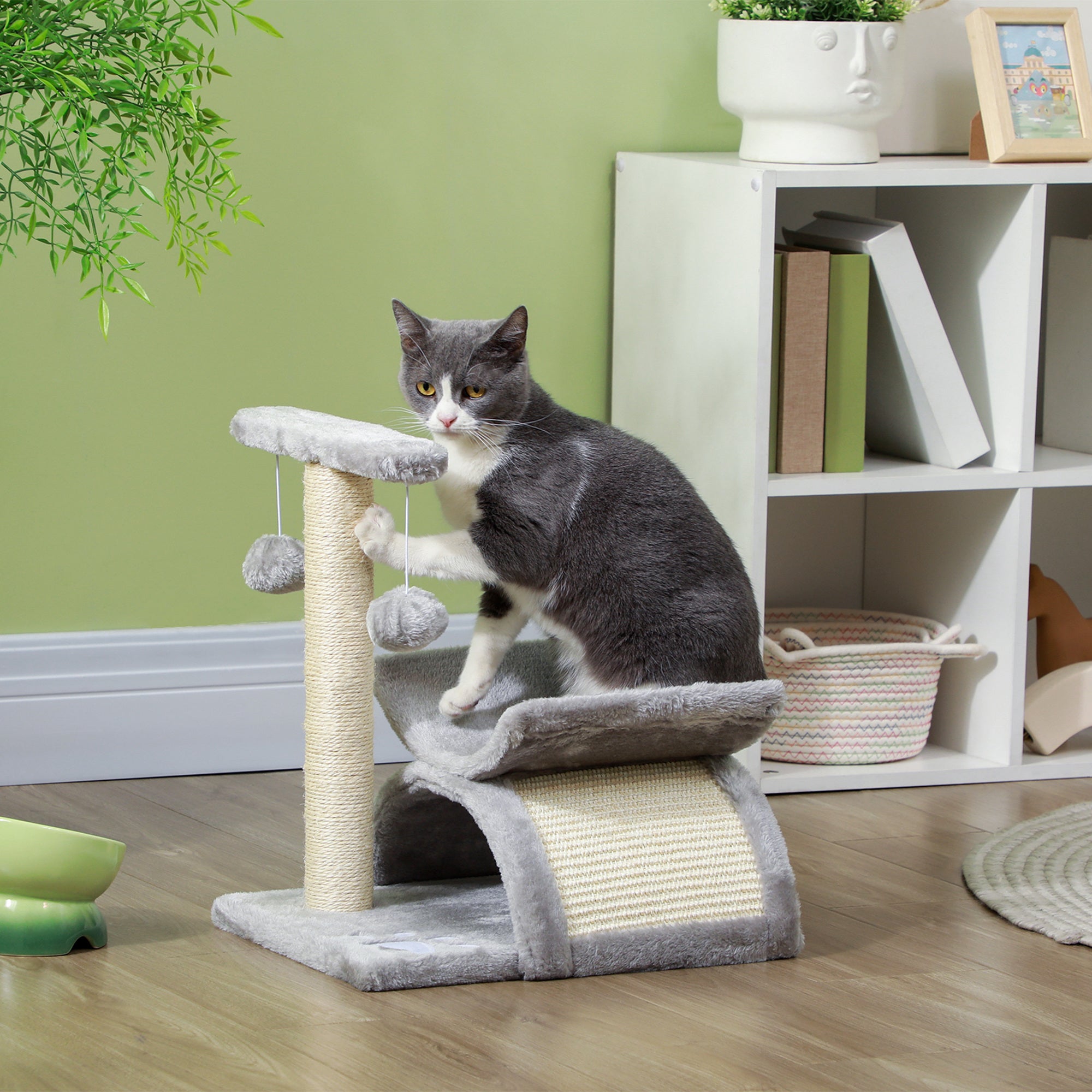 PawHut 17" Small Cat Tree with Rotatable Top Pole, Cat Tower with Scratching Post, Platform, Tunnel, 2 Dangling Balls, Scratching Board, Light Grey