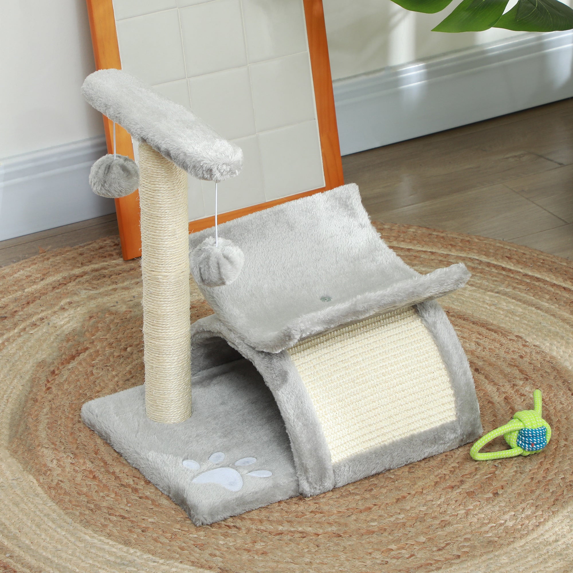 PawHut 17" Small Cat Tree with Rotatable Top Pole, Cat Tower with Scratching Post, Platform, Tunnel, 2 Dangling Balls, Scratching Board, Light Grey